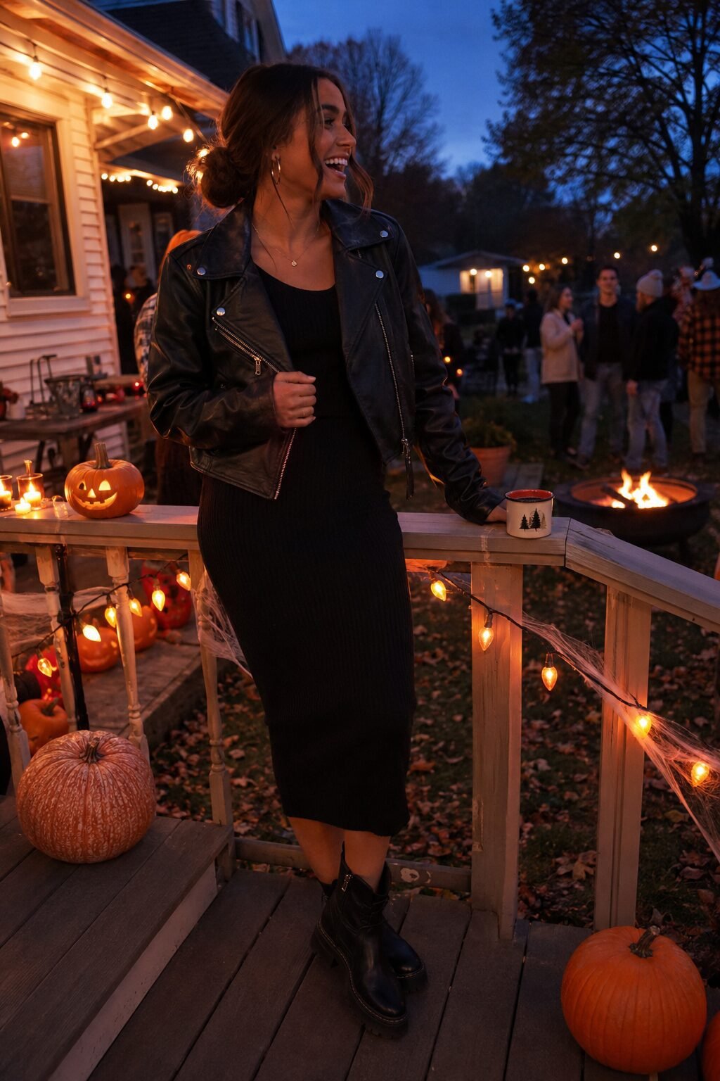 woman wearing a black knit midi dress with a cropped black leather jacket and ankle boots for a Halloween house party outfit