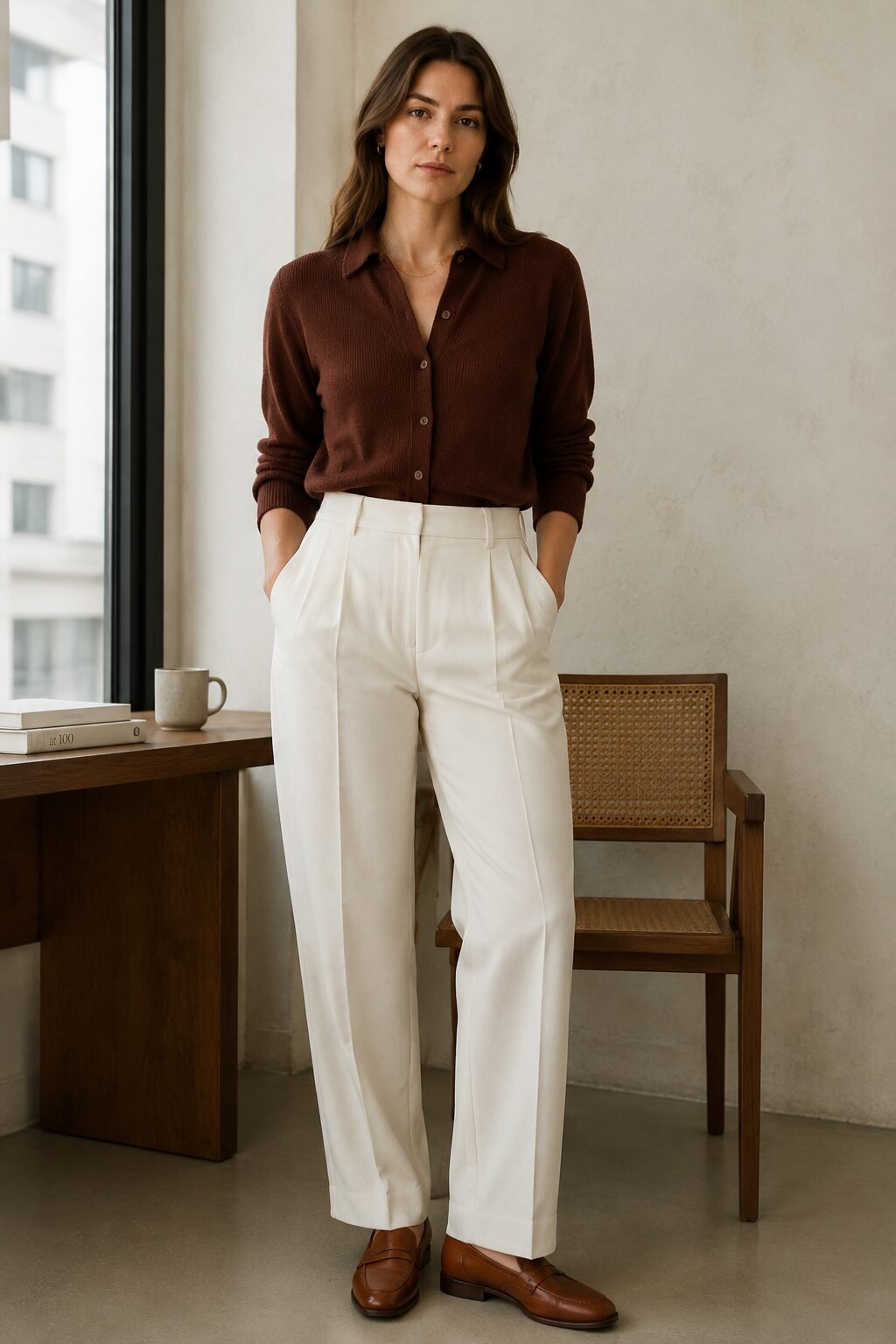 how to style a cardigan with tailored trousers: mahogany rib cardigan buttoned over black straight-leg trousers and loafers, office outfit
