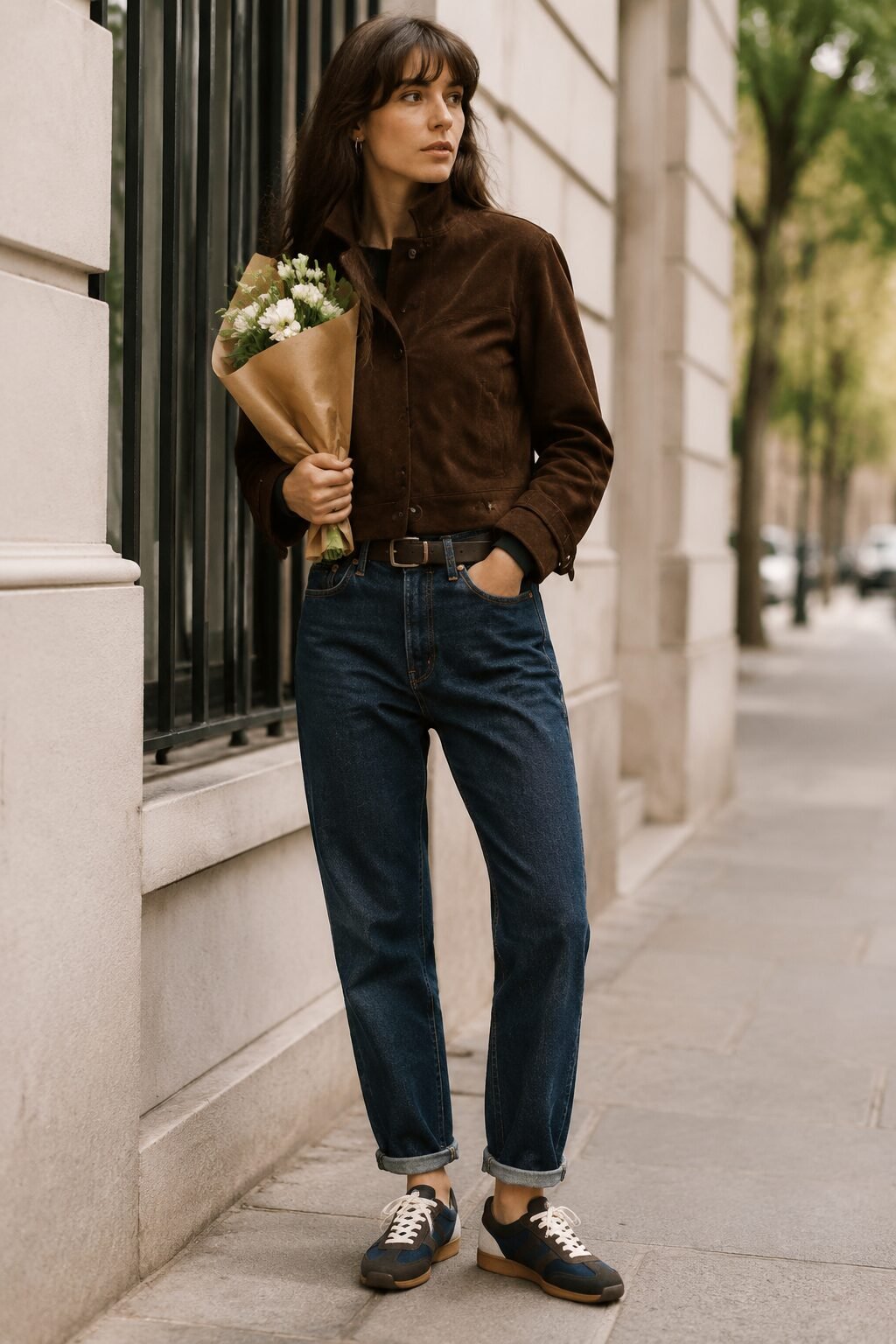 suede jacket outfit ideas: chocolate suede jacket with straight-leg jeans and navy sneakers