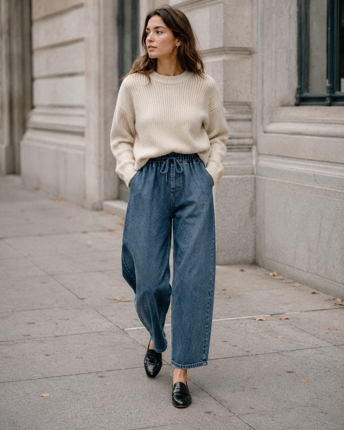 affordable quiet luxury fall outfit: relaxed blue denim barrel-leg trouser with a cream knit
