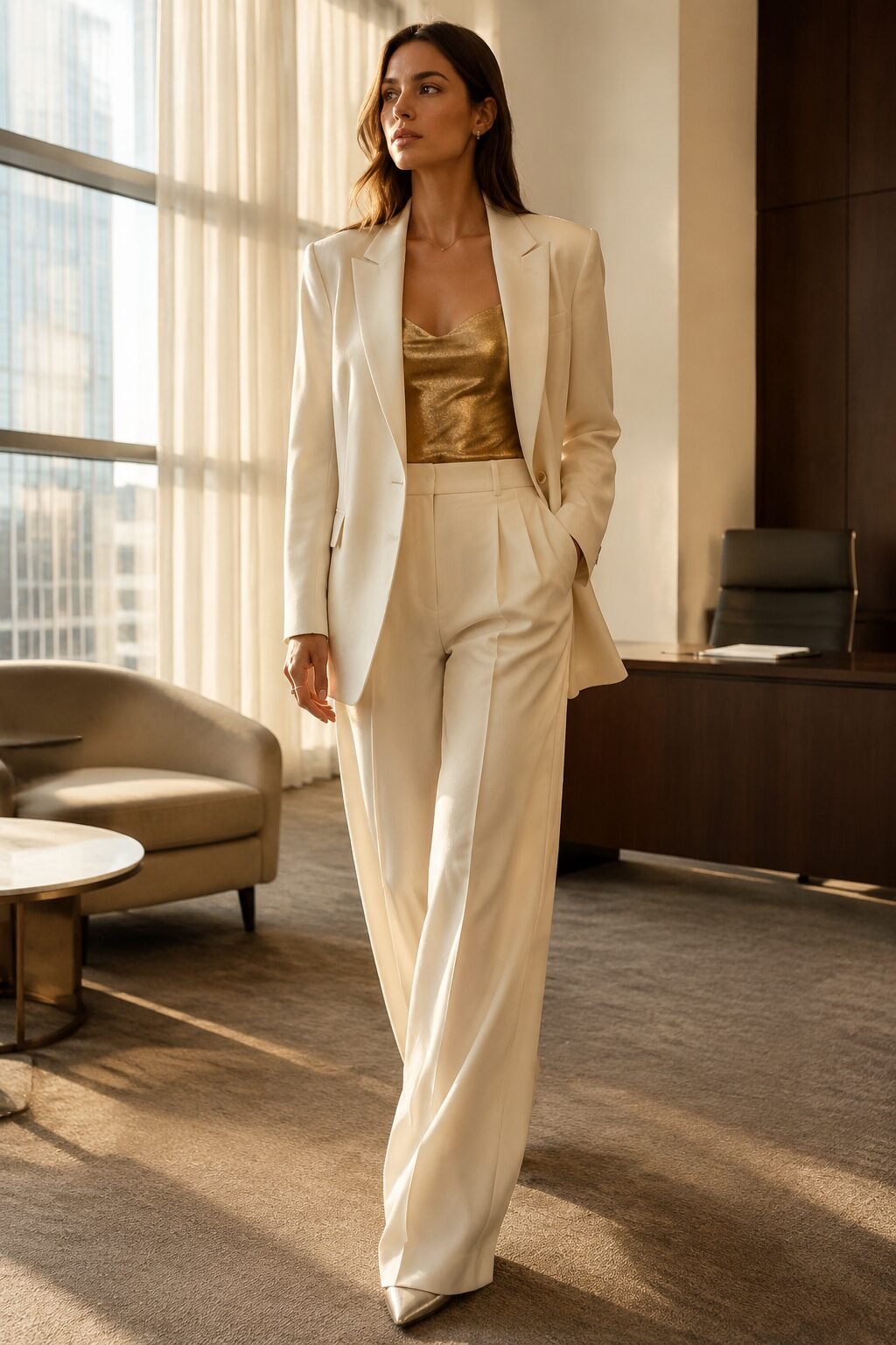 modern 80s christmas party outfit, ivory shoulder pad blazer with wide leg cream trousers and gold camisole