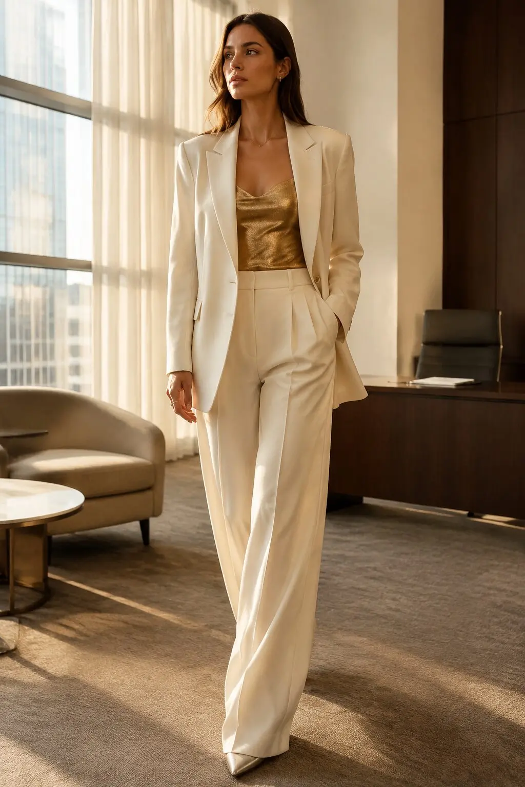 modern 80s christmas party outfit, ivory shoulder pad blazer with wide leg cream trousers and gold camisole