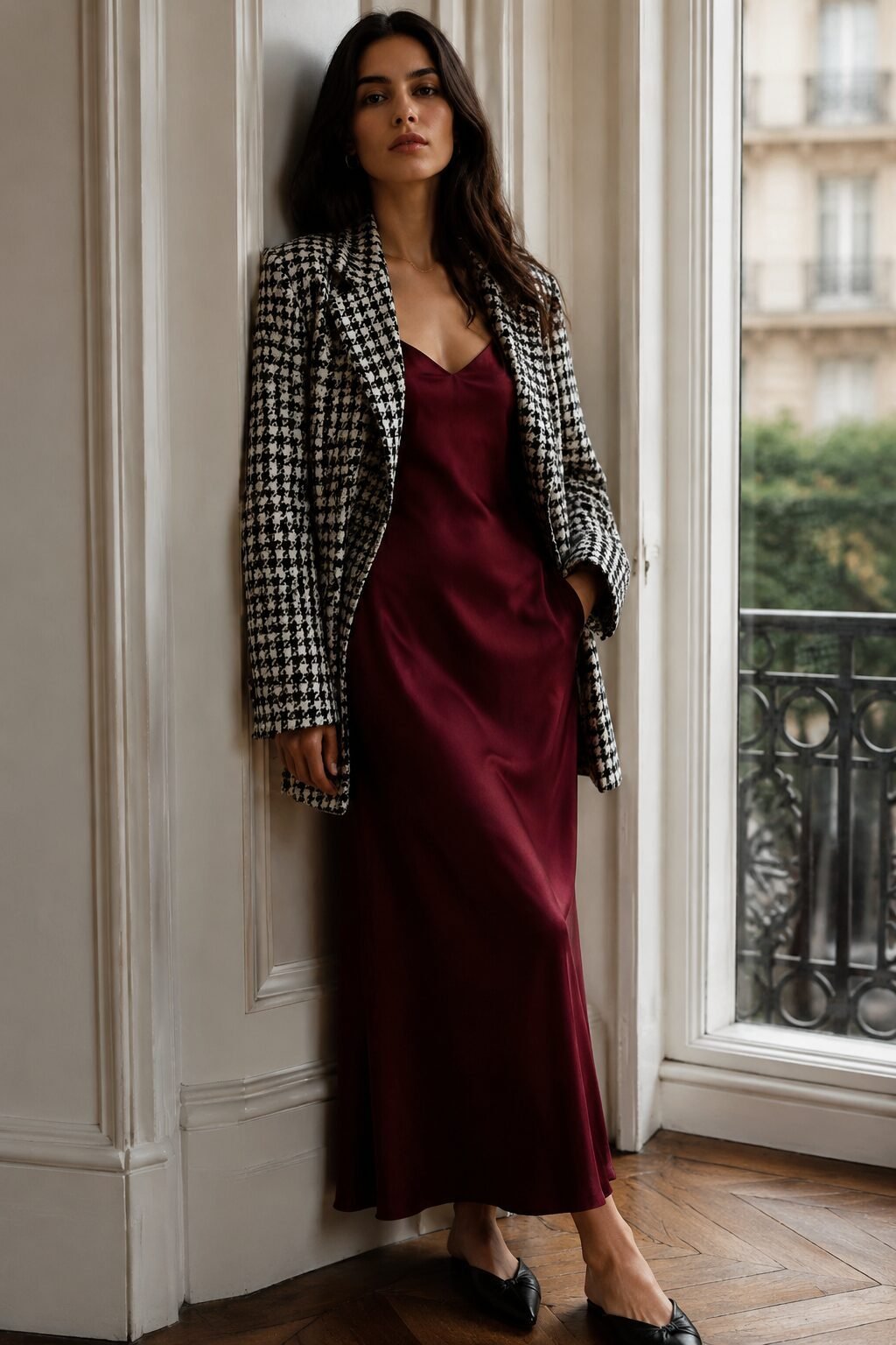 deep burgundy silk slip dress layered under an oversized black houndstooth blazer, a Christmas color trends 2026 dinner outfit