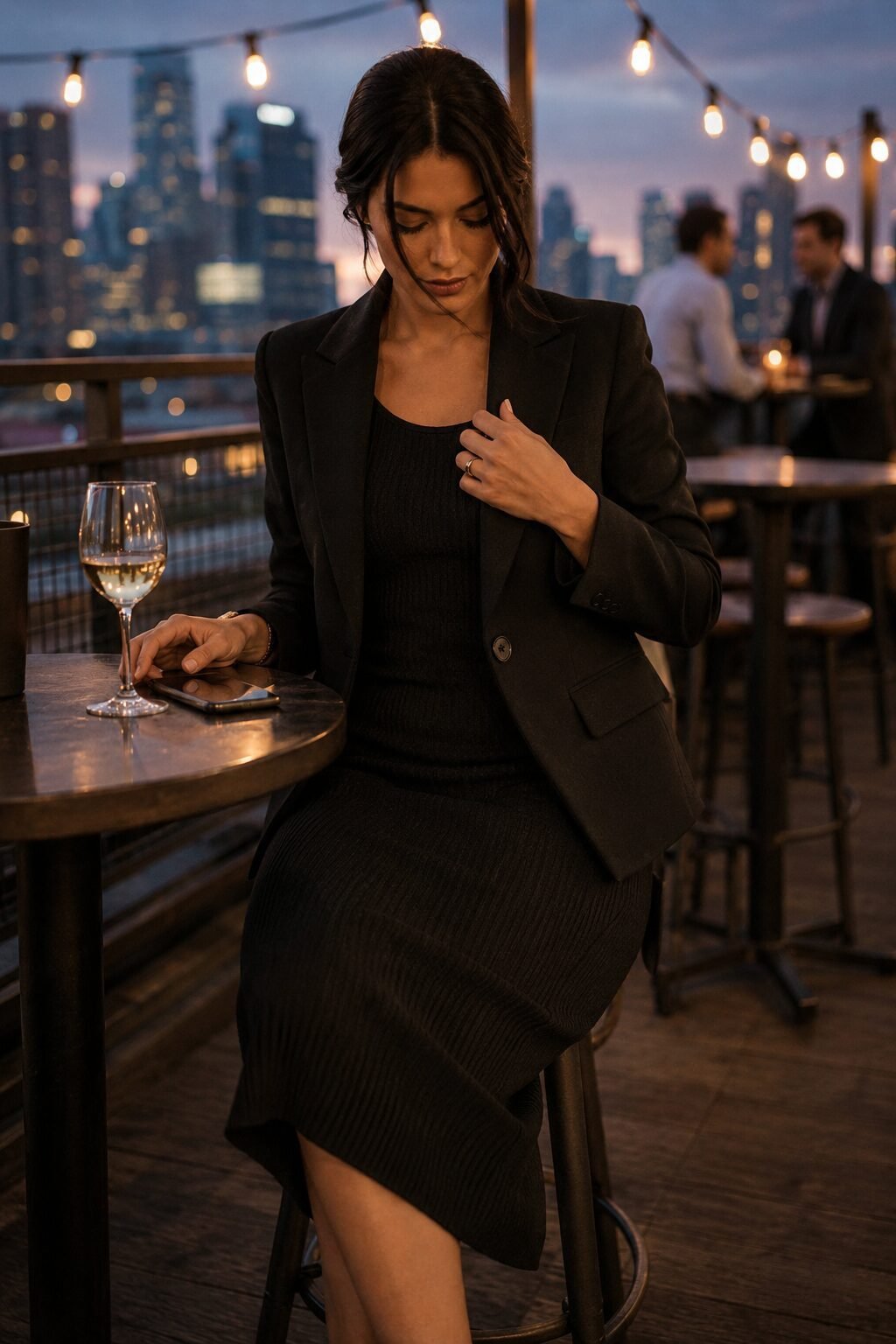 woman wearing a black knit midi dress under a tailored black blazer for an office Halloween party outfit