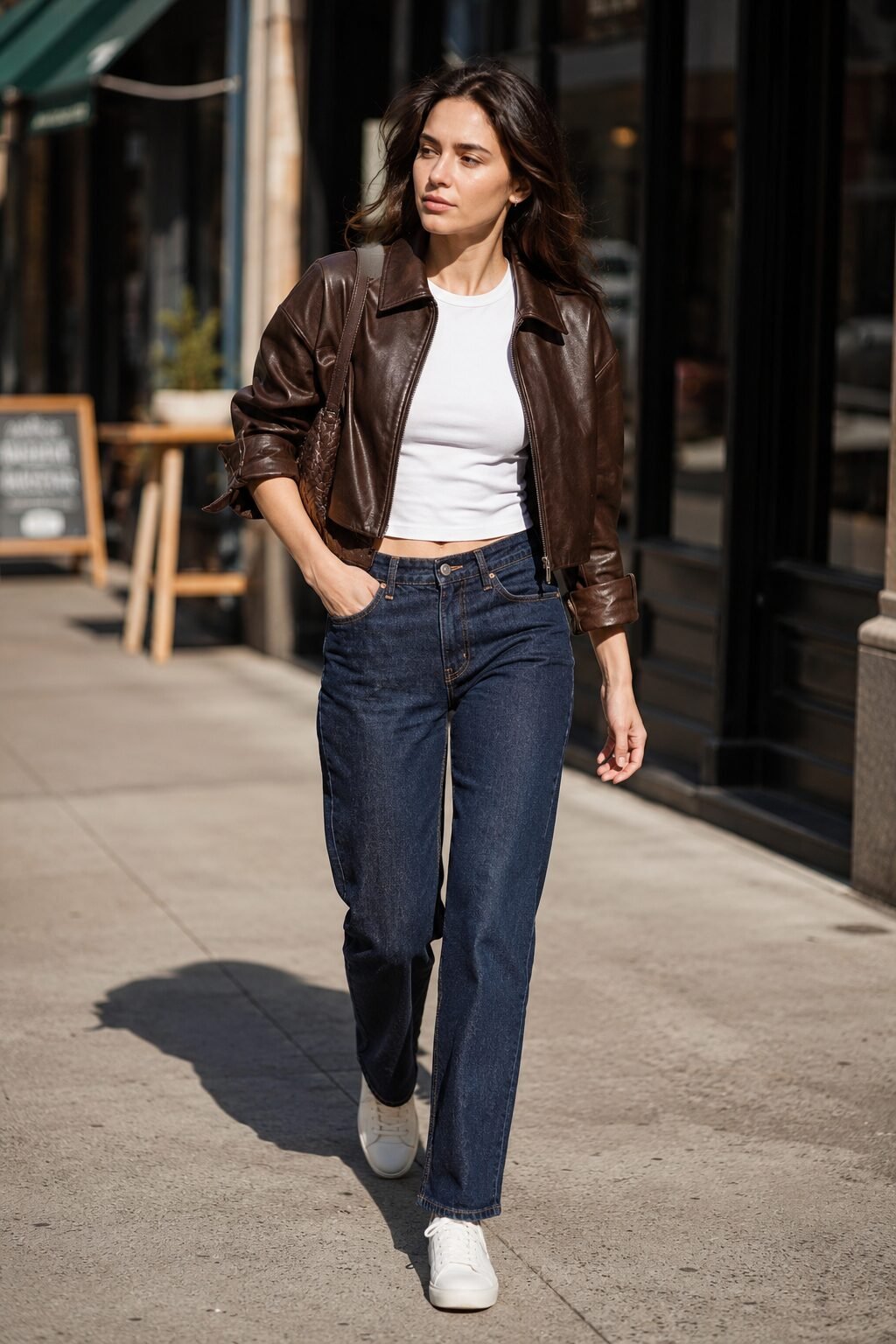 how to style a leather jacket with jeans: chocolate brown cropped leather jacket over straight-leg indigo denim