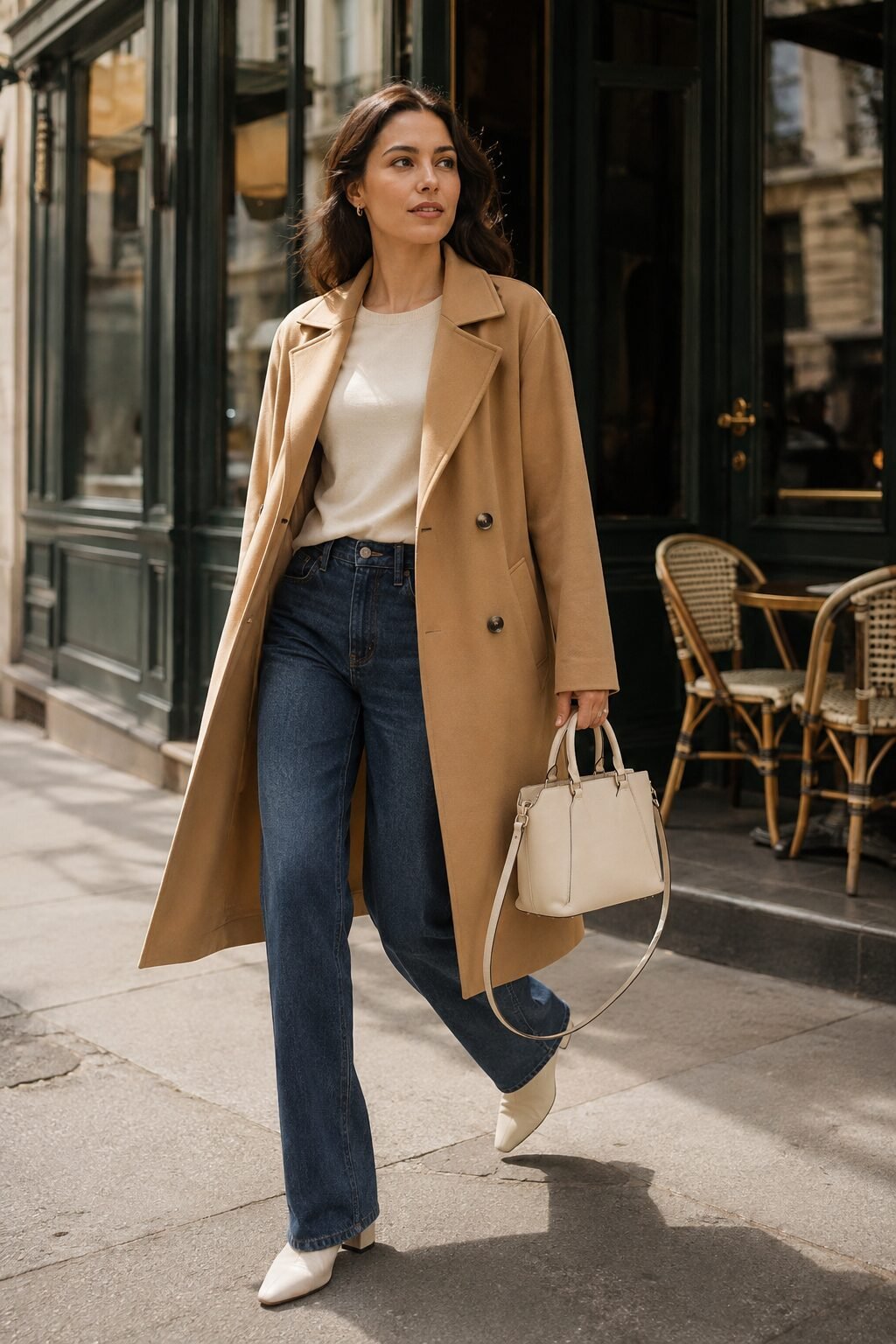 trench coat outfit ideas: camel trench coat with straight-leg jeans and burgundy loafers