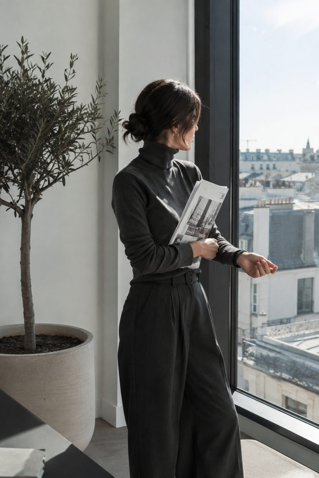 witchy outfits for fall office look: charcoal cashmere turtleneck tucked into wide-leg trousers