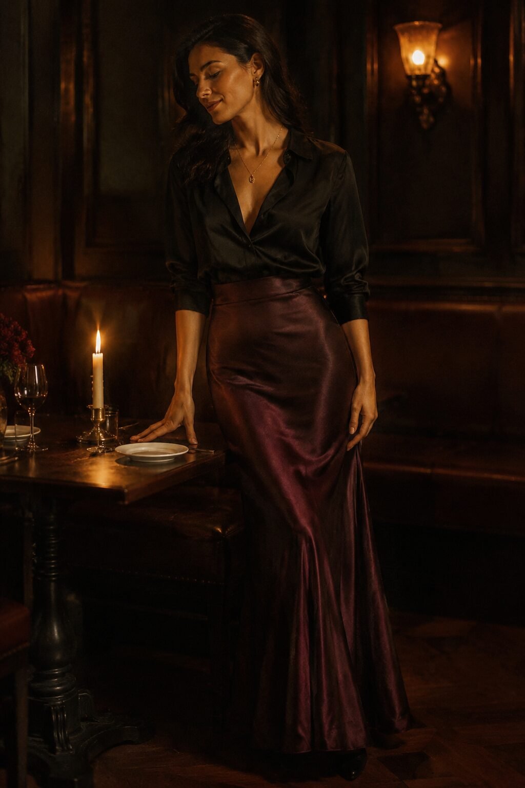 dark christmas outfit idea: black silk top with plum satin maxi skirt for a candlelit dinner