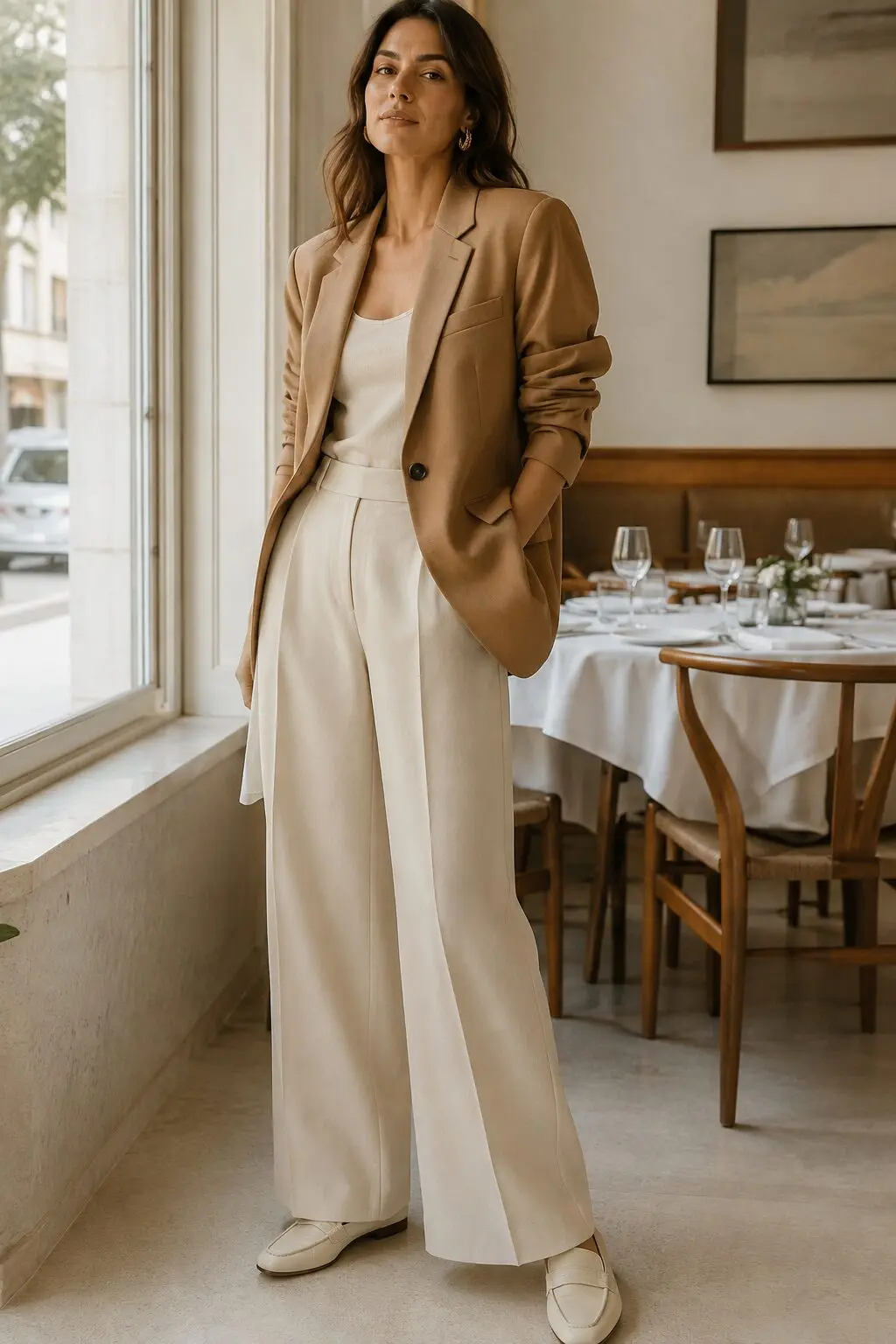 tonal camel blazer and cream wide-leg trousers, elegant christmas lunch outfit idea
