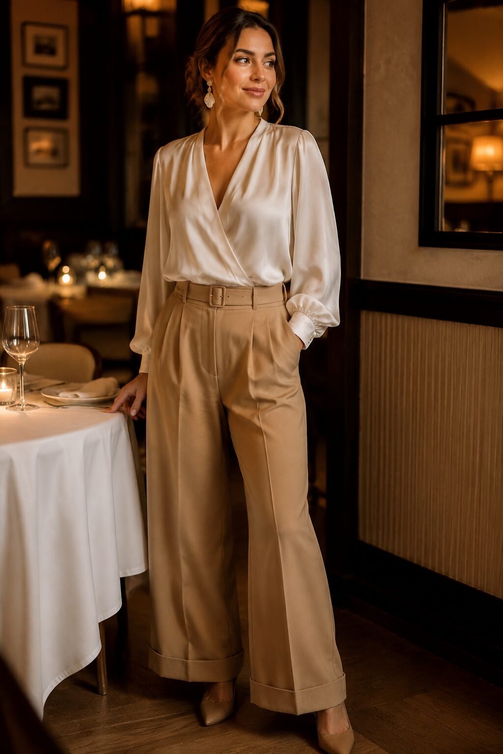 christmas dinner outfit for a restaurant: ivory silk blouse, wide-leg trousers, and statement earrings