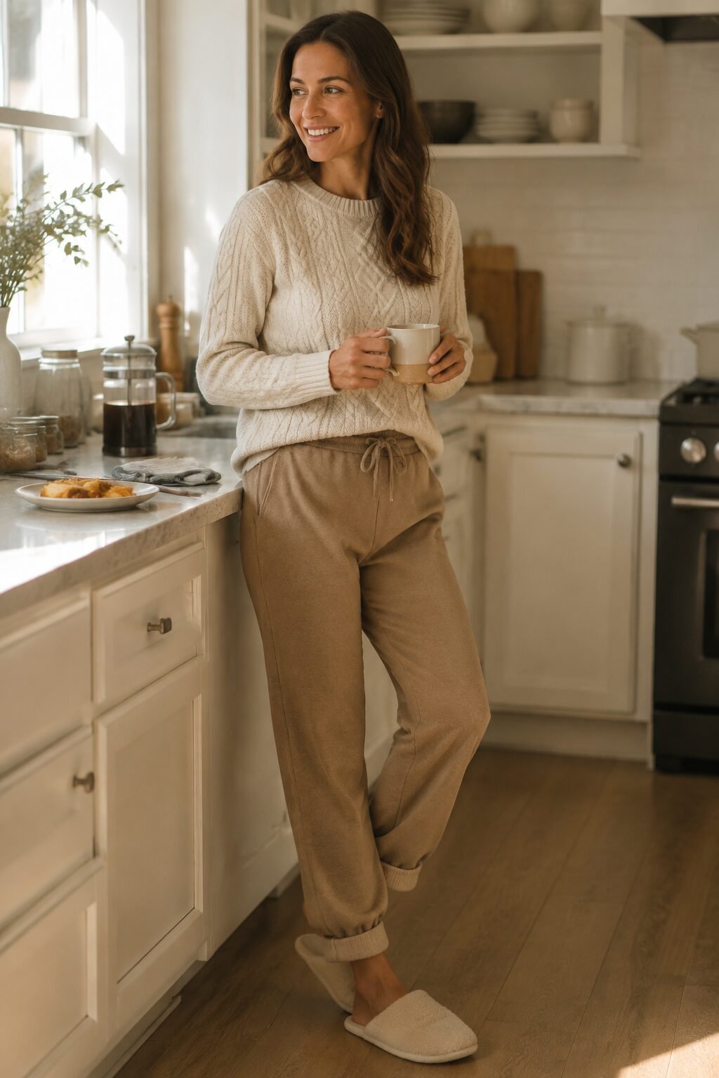 cozy christmas day outfit idea: cream cable-knit sweater with camel straight-leg sweatpants for breakfast