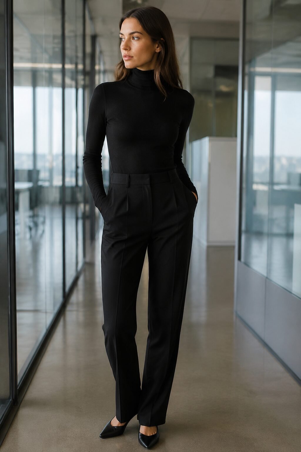 monochrome black fitted turtleneck and tailored trouser suit, a 90s minimalist office outfit idea