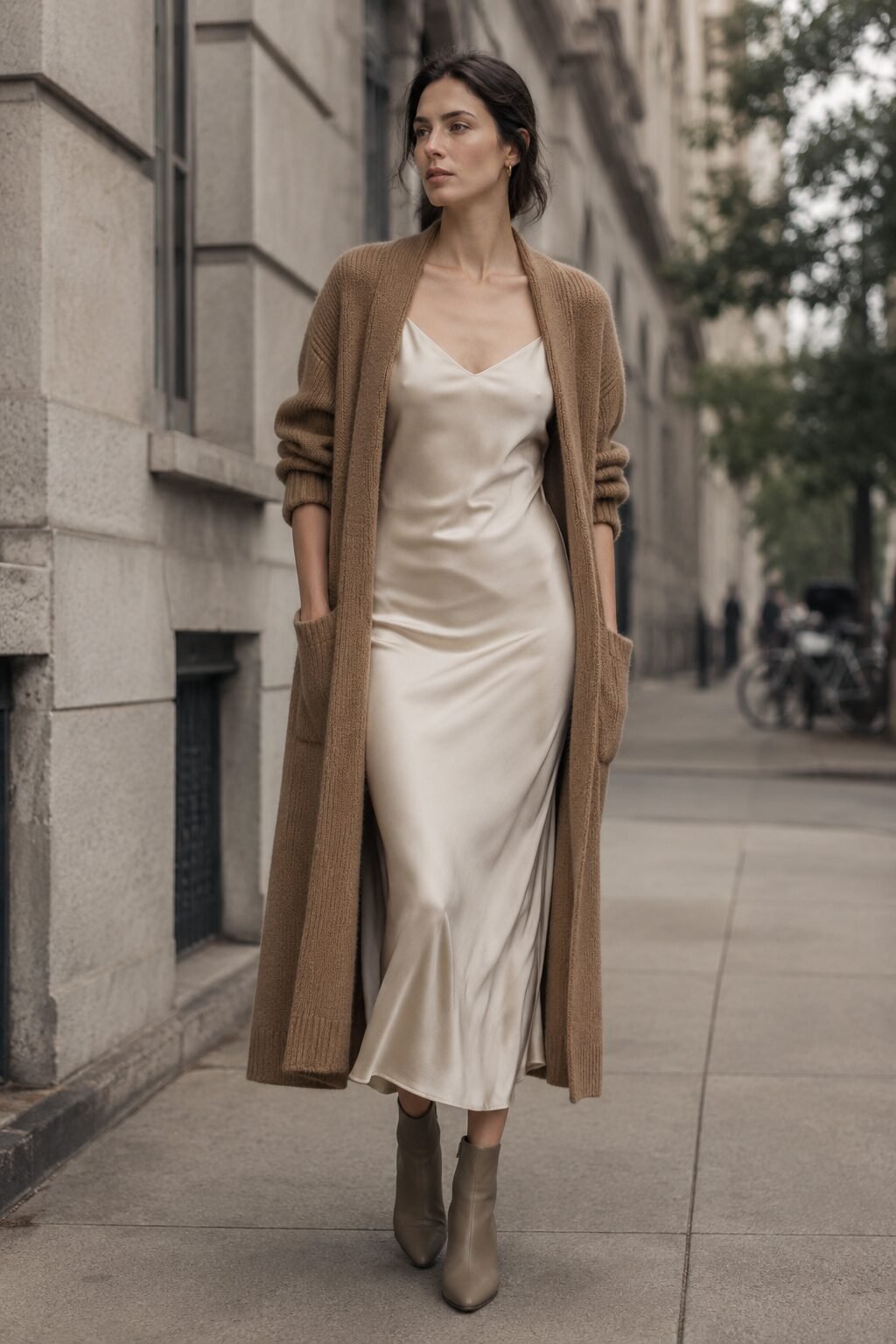 90s minimalist slip dress outfit: cream satin slip dress under an oversized camel cardigan