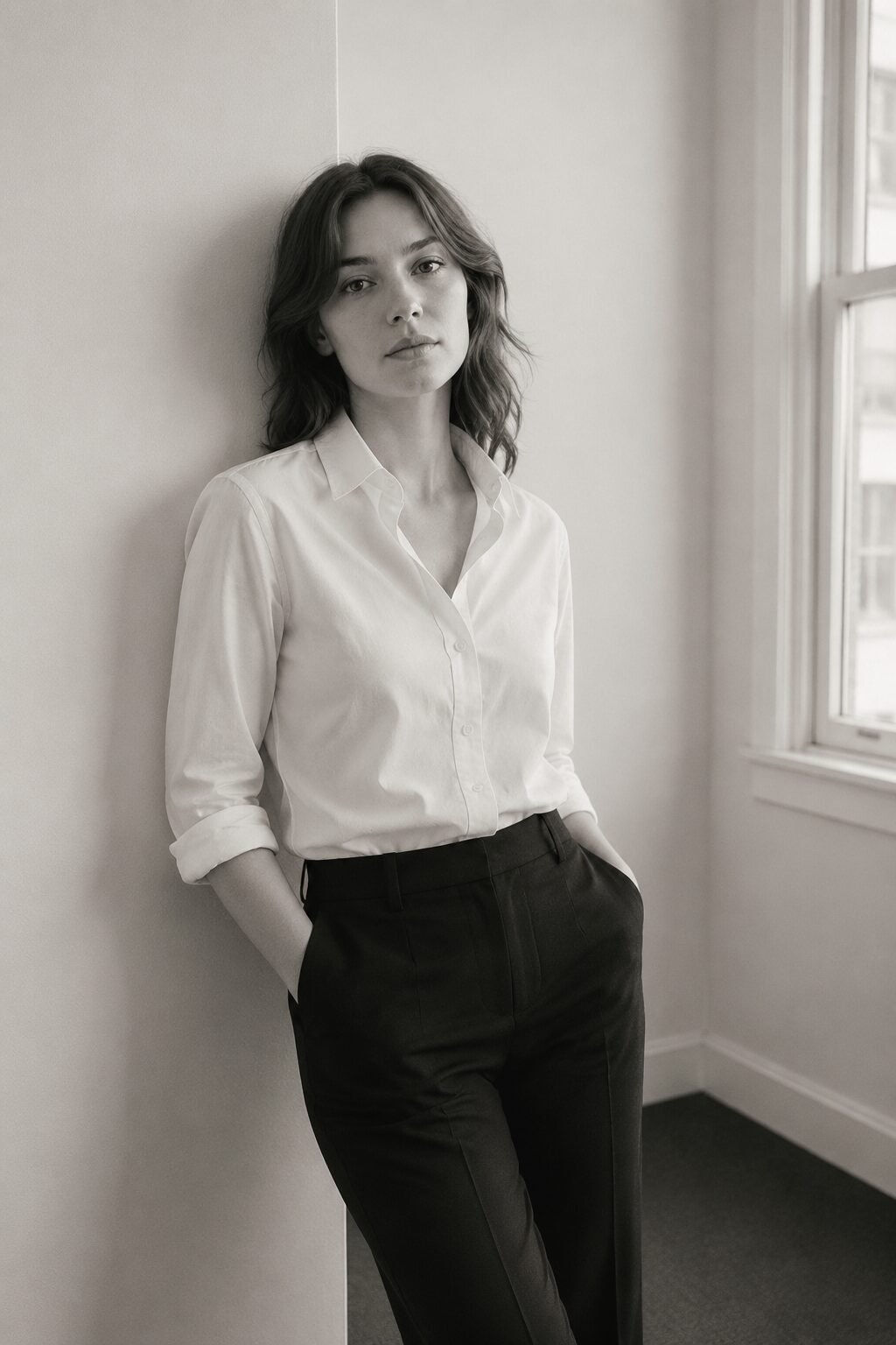 woman in a 90s minimalist outfit wearing a crisp white button-down shirt tucked into black straight-leg trousers