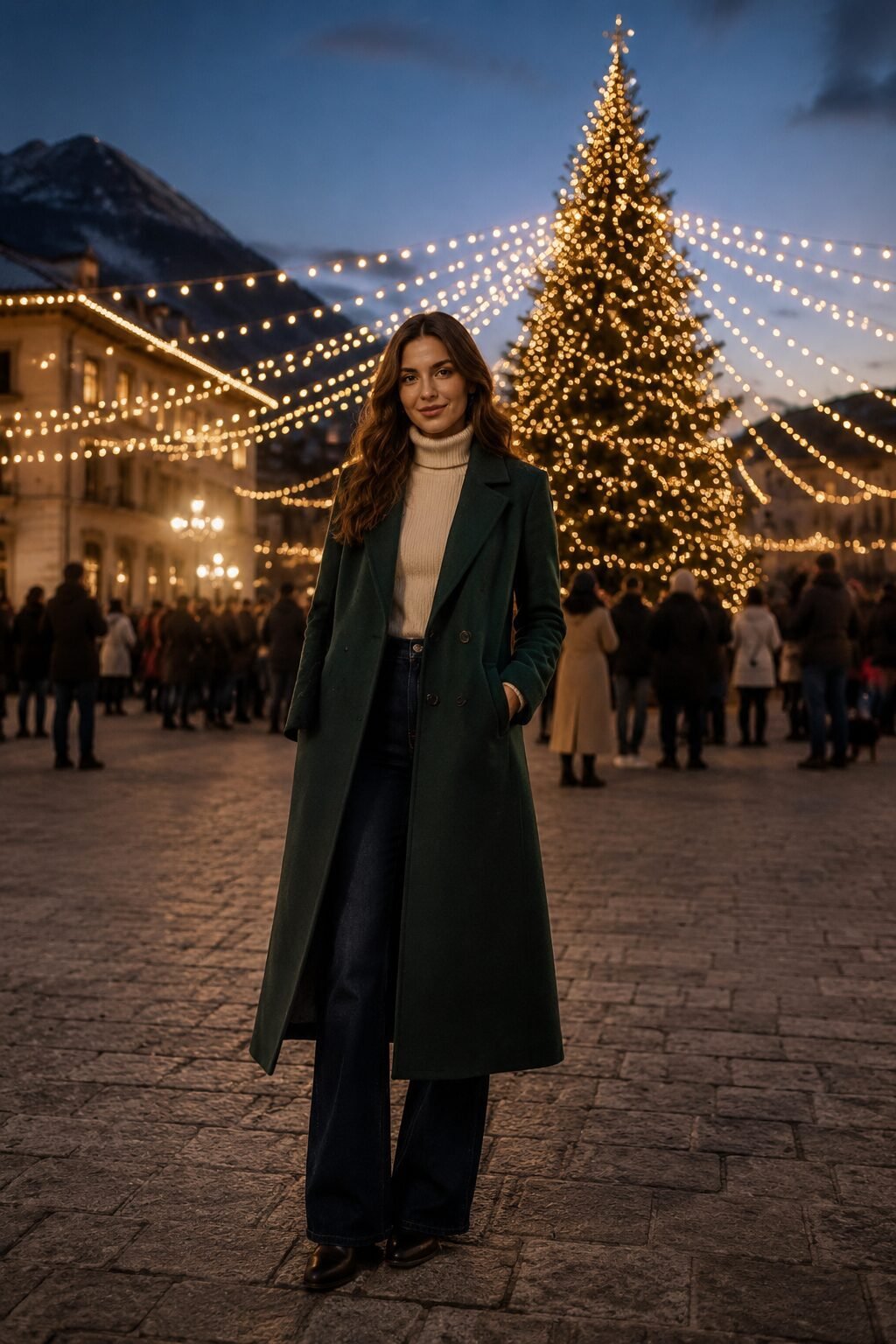 coordinated family christmas outfit idea: mother in a forest-green wool coat over a cream turtleneck for tree lighting