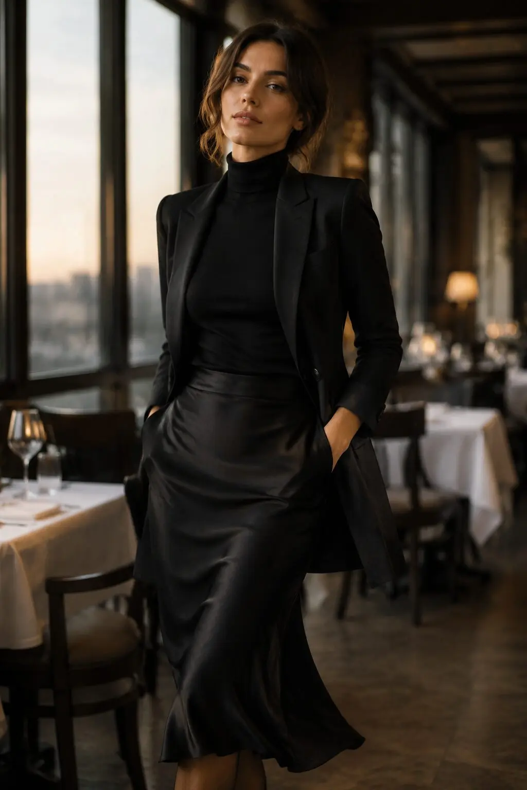 carolyn bessette style black silk slip skirt fitted turtleneck and structured blazer dinner outfit