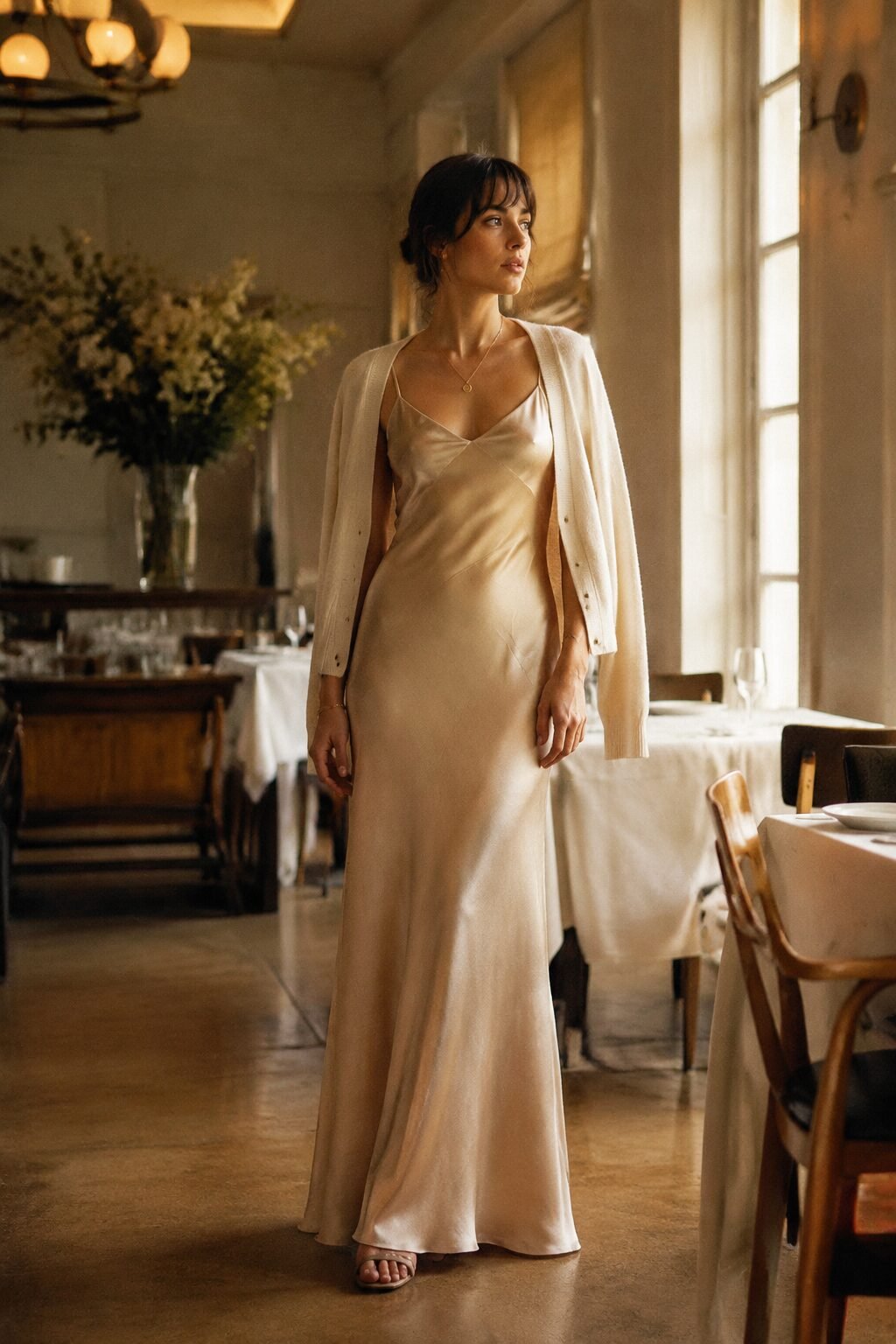 budget quiet luxury date night outfit: champagne satin slip dress with a cream cropped cardigan