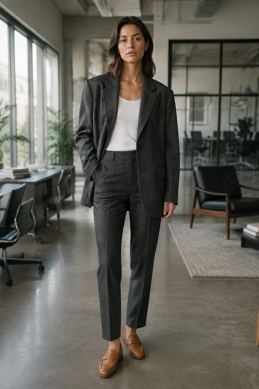 fall capsule outfit formula: oversized charcoal blazer over slim trousers with white base layer and loafers