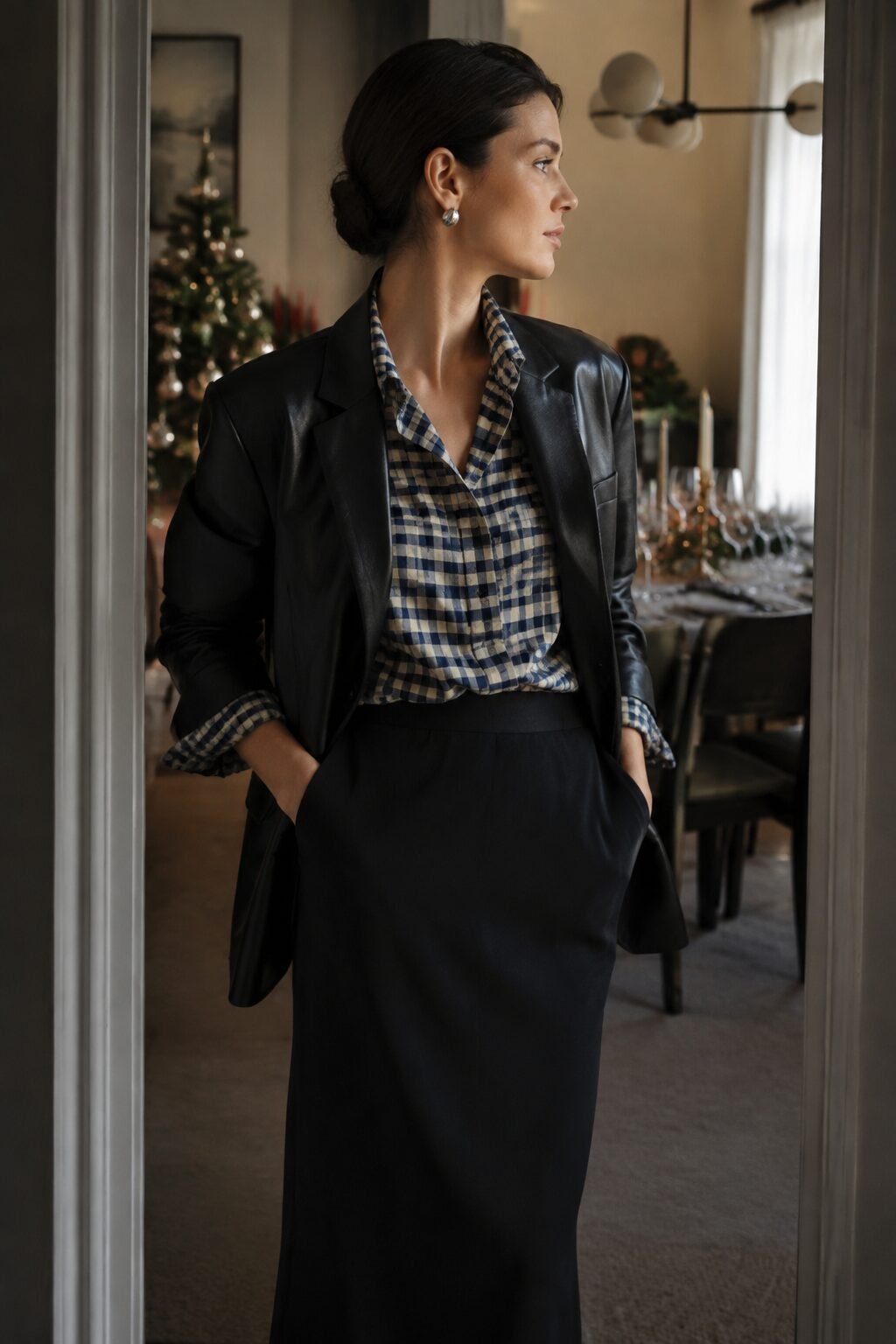 cool toned winter outfit: blue check blouse layered under an oversized black leather blazer for Christmas Eve dinner