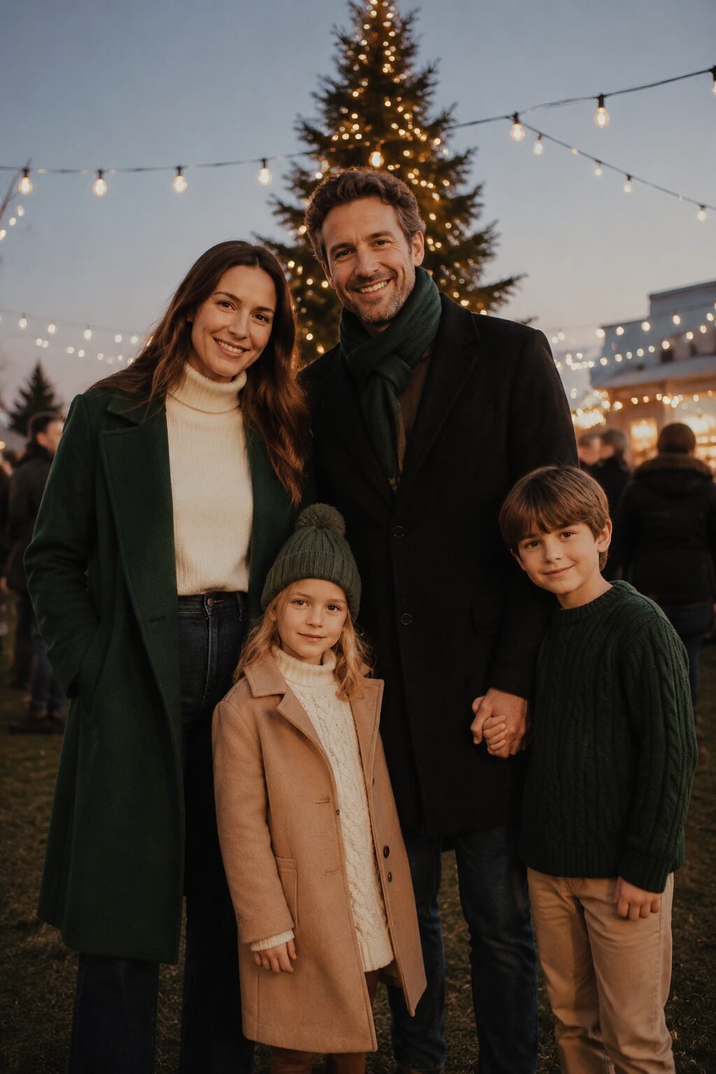 coordinated family christmas outfit idea: mother in a forest-green wool coat over a cream turtleneck for tree lighting