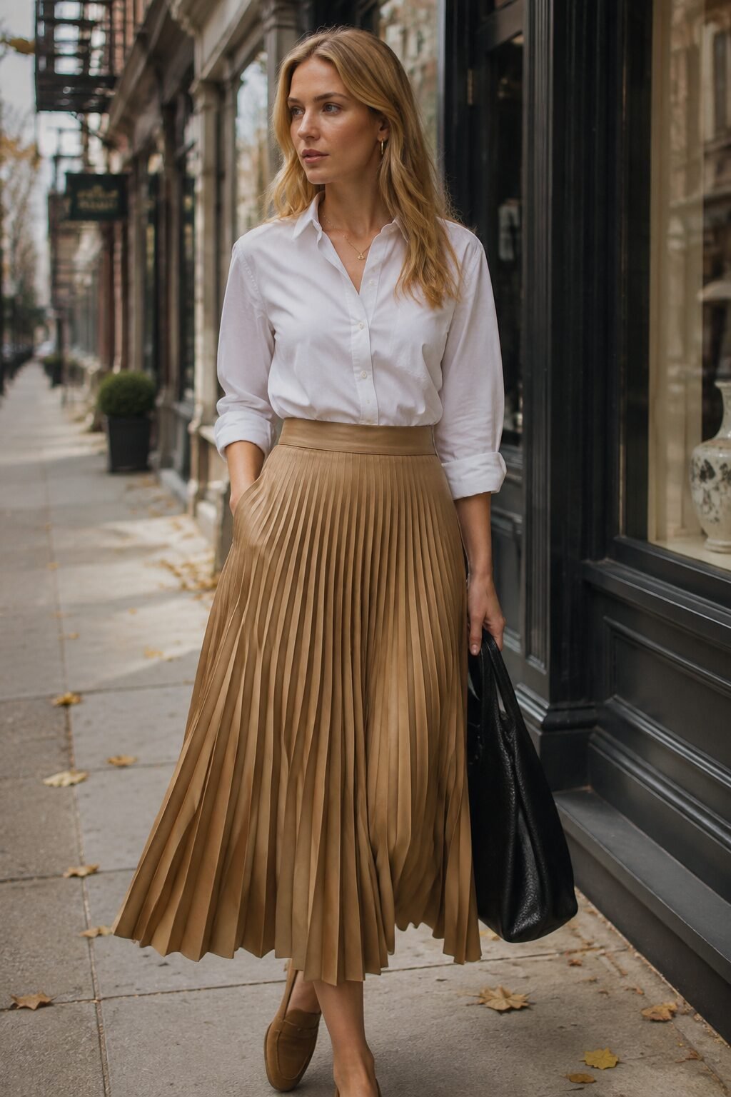 fall capsule outfit idea: white button-down tucked into camel pleated midi skirt with tan loafers