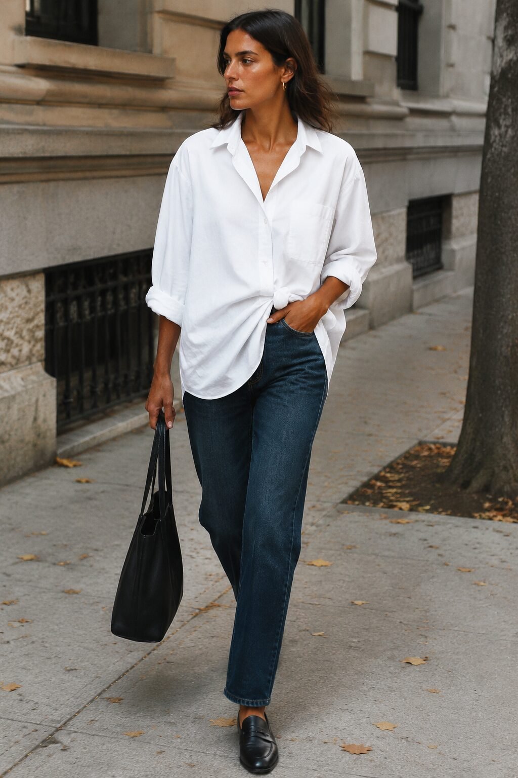 white shirt outfit idea: oversized white button-down knotted over straight indigo denim for weekend style