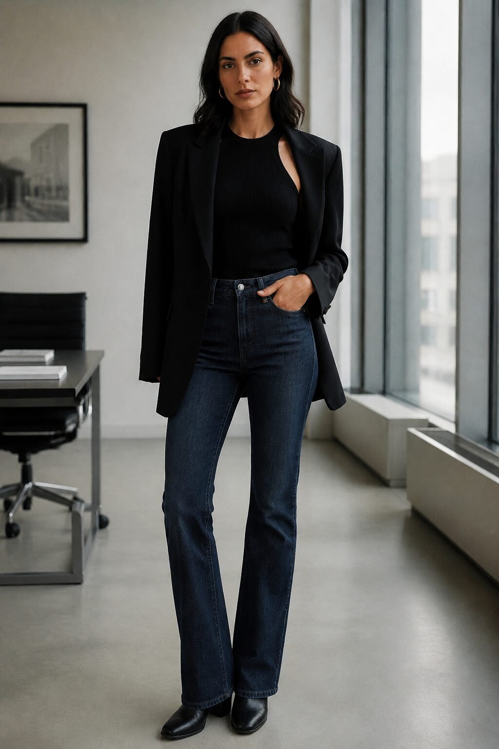 office bootcut jeans outfit: black sleeveless shell and tailored blazer with indigo denim