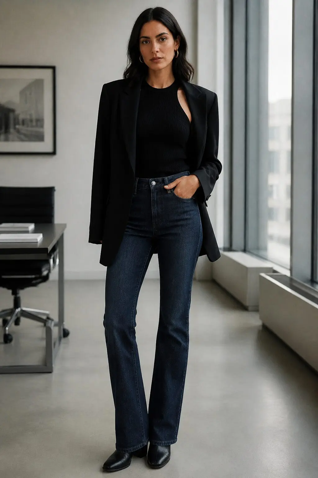 office bootcut jeans outfit: black sleeveless shell and tailored blazer with indigo denim