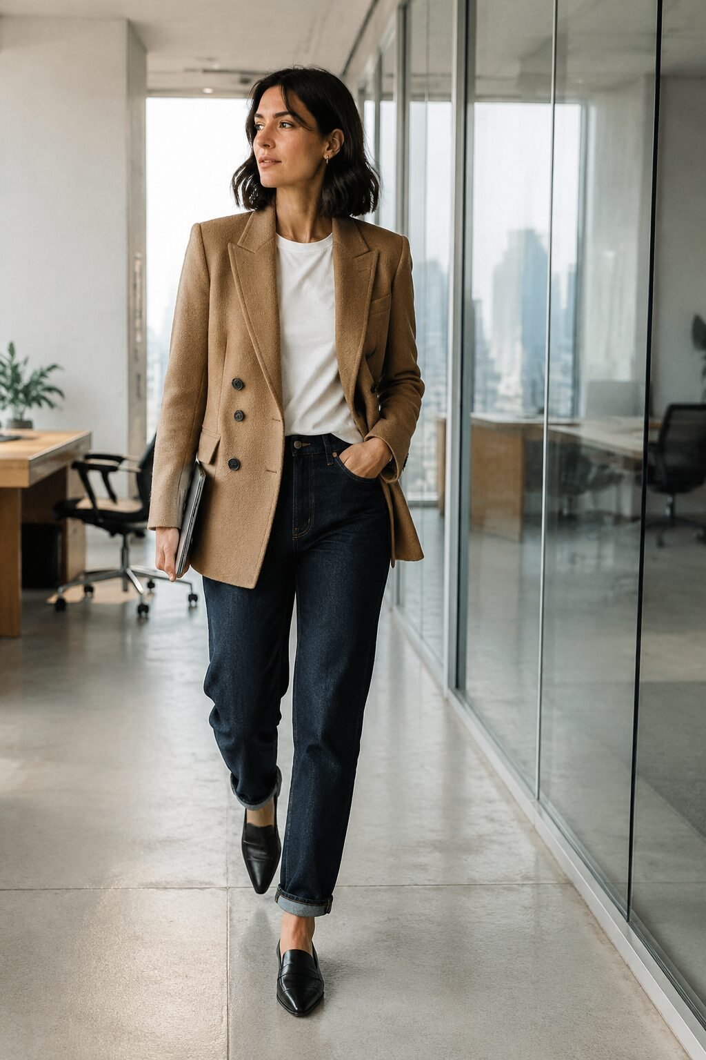 denim and blazer outfit for the office: camel double-breasted blazer over dark indigo straight-leg jeans and a white tee