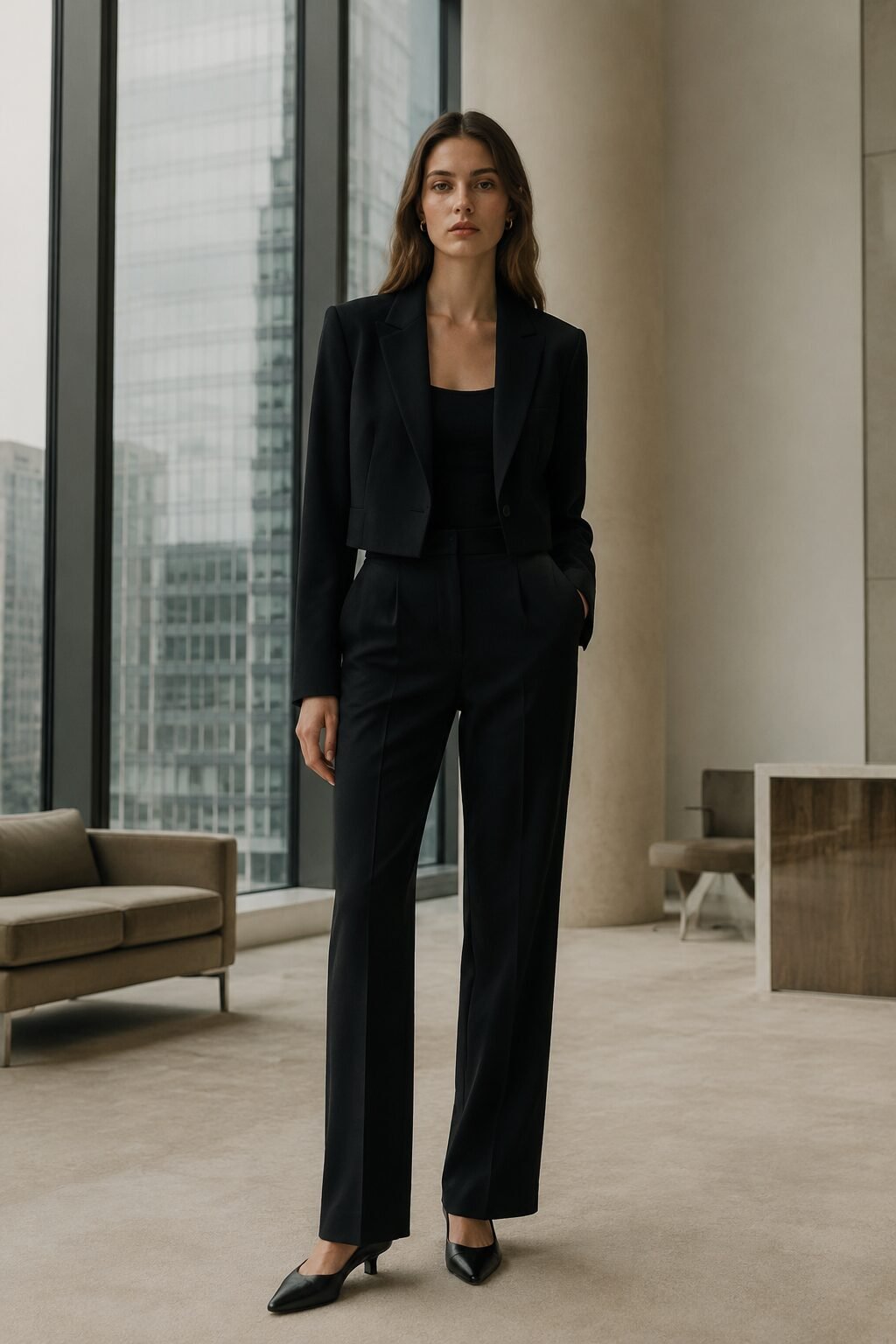 tonal black office outfit: cropped tailored blazer over straight-leg black trousers