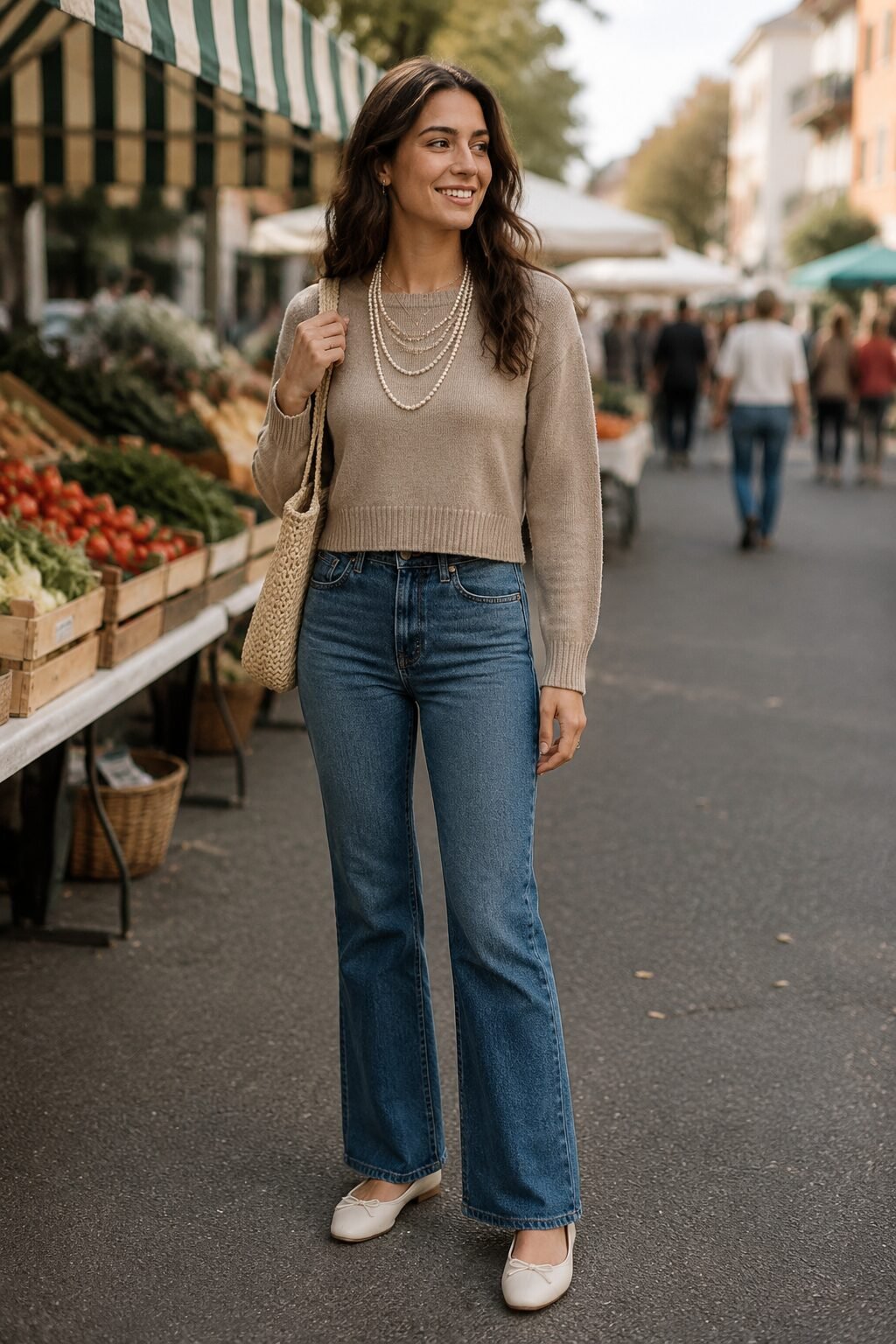 90s bootcut jeans outfit idea: cropped taupe cashmere sweater, layered pearl necklaces, and ballet flats for a Sunday market run