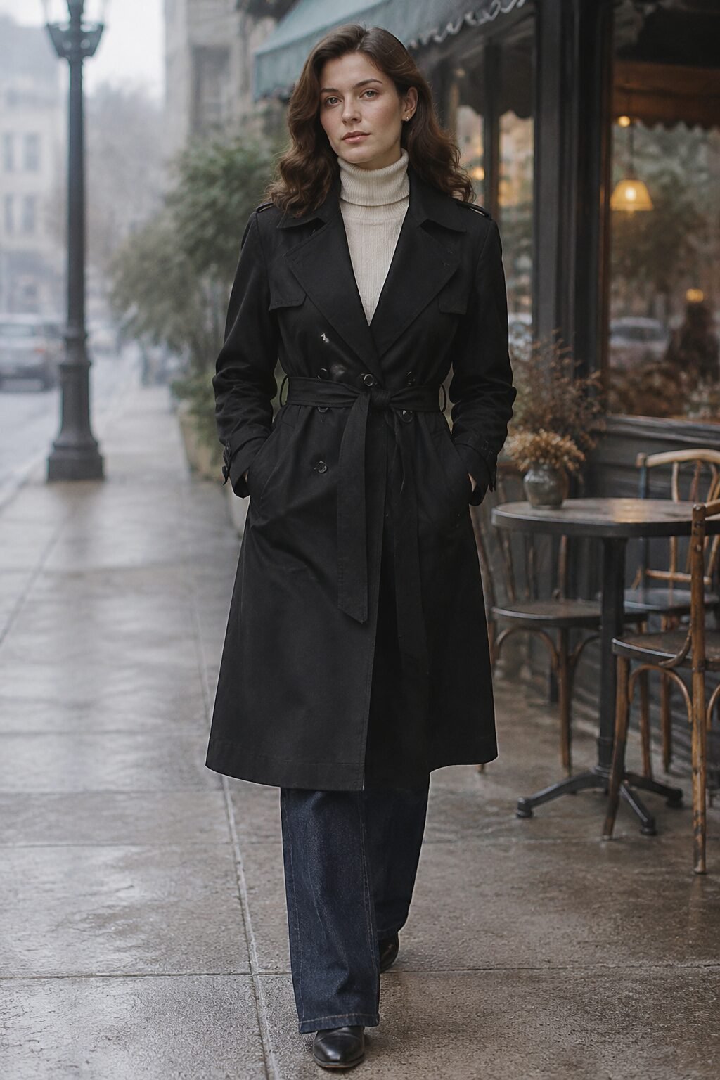 black belted trench coat, cream turtleneck, and dark wash jeans, 90s minimalist coffee run outfit