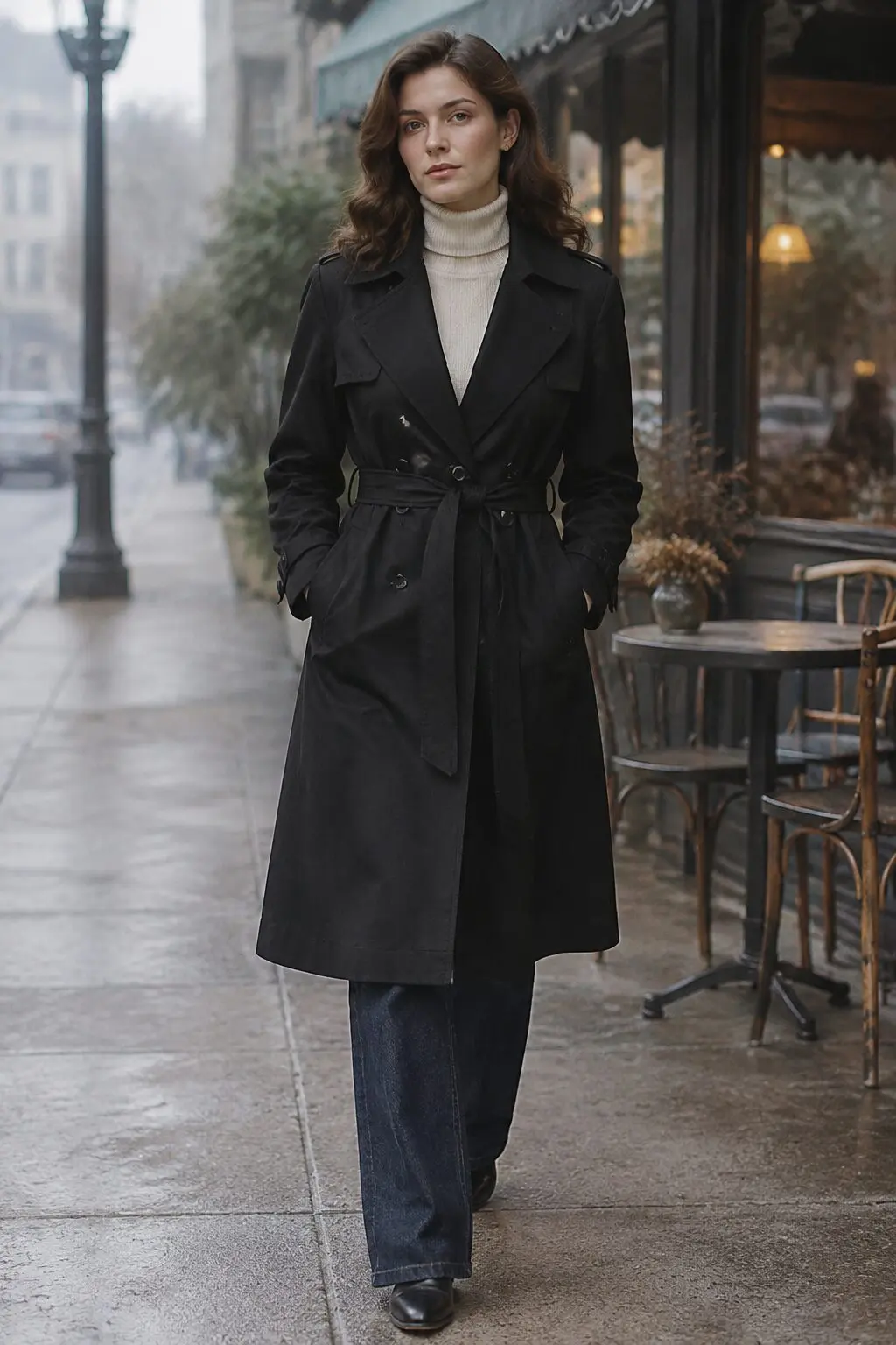 black belted trench coat, cream turtleneck, and dark wash jeans, 90s minimalist coffee run outfit