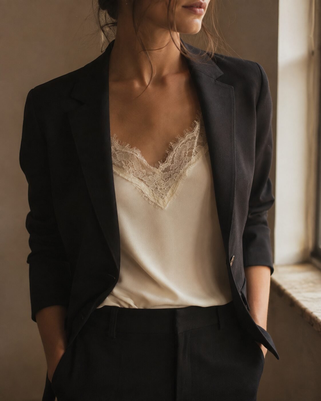 cheap christmas outfit look expensive: silk camisole layered under a blazer