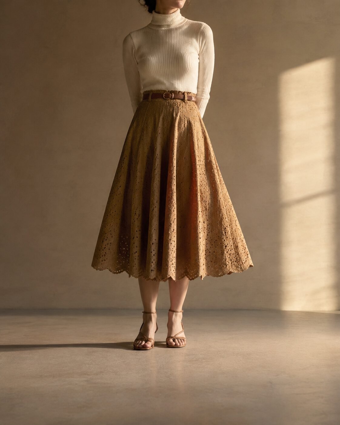 affordable quiet luxury fall outfit: camel broderie midi skirt with a cream knit tucked in
