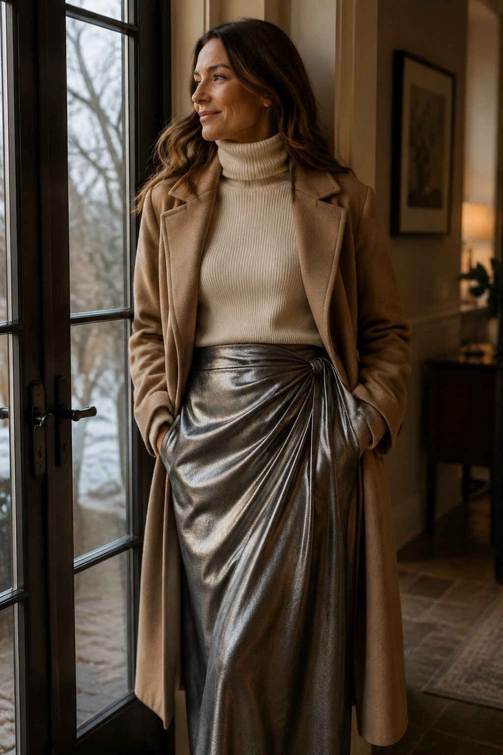 80s inspired christmas outfit, cashmere turtleneck and camel wool wrap coat styled for a metallic skirt family dinner look