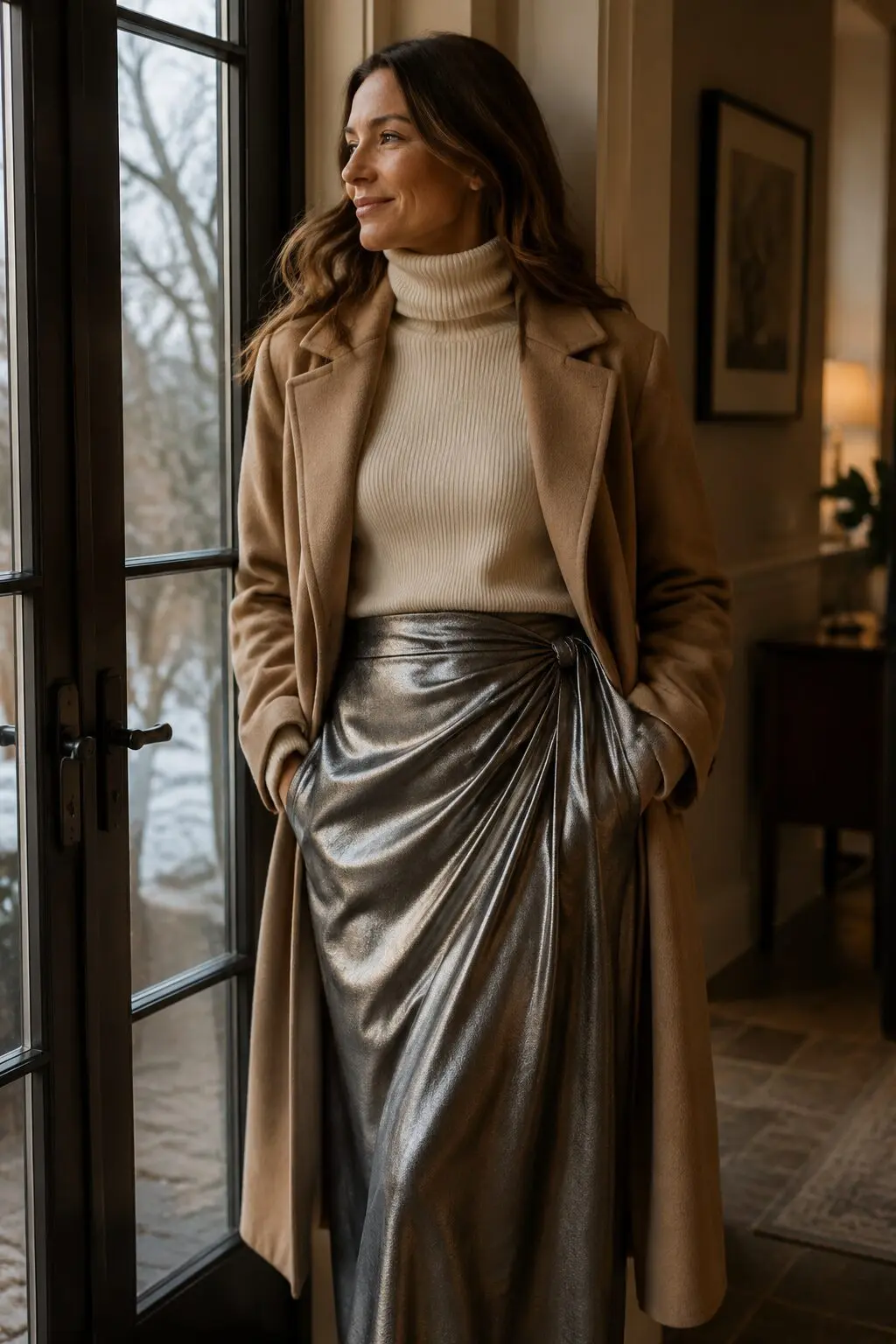 80s inspired christmas outfit, cashmere turtleneck and camel wool wrap coat styled for a metallic skirt family dinner look