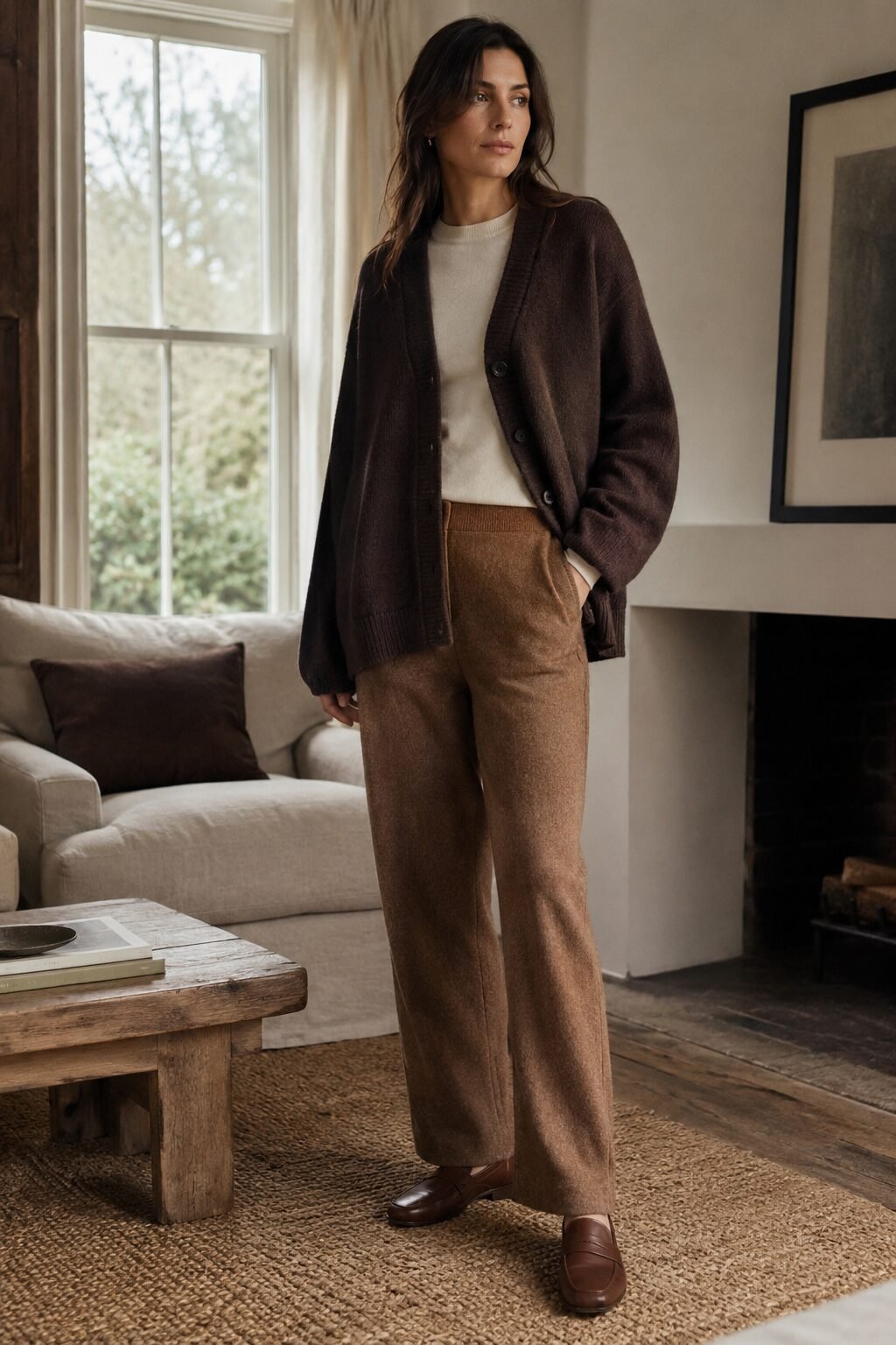 tonal chocolate brown oversized cardigan and teak cashmere straight leg trouser, a cozy Christmas color trends 2026 family gathering outfit