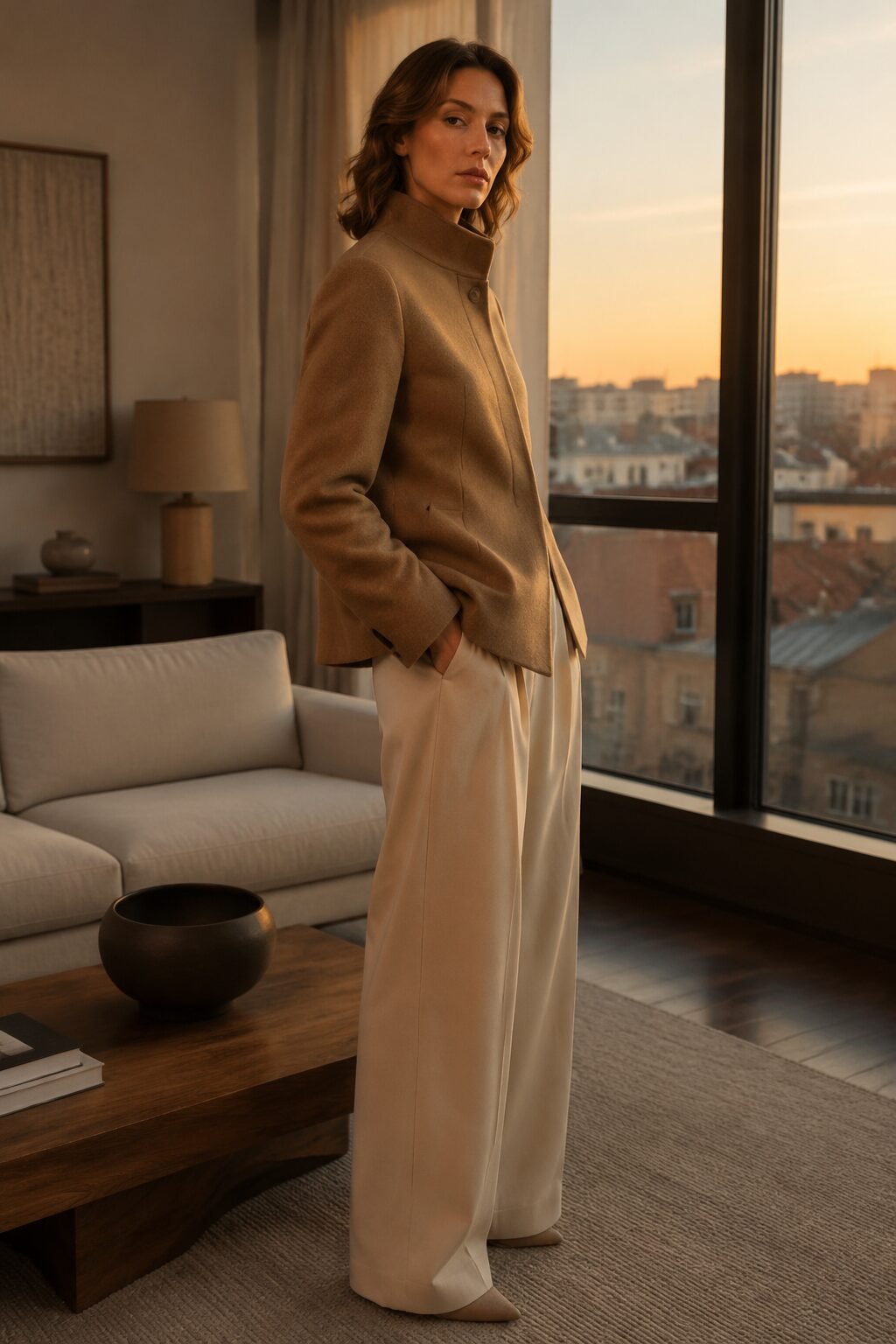 warm camel wool stand-collar blazer worn over wide-leg trousers, a cocktail-ready christmas outfit styled to fasten with a brooch