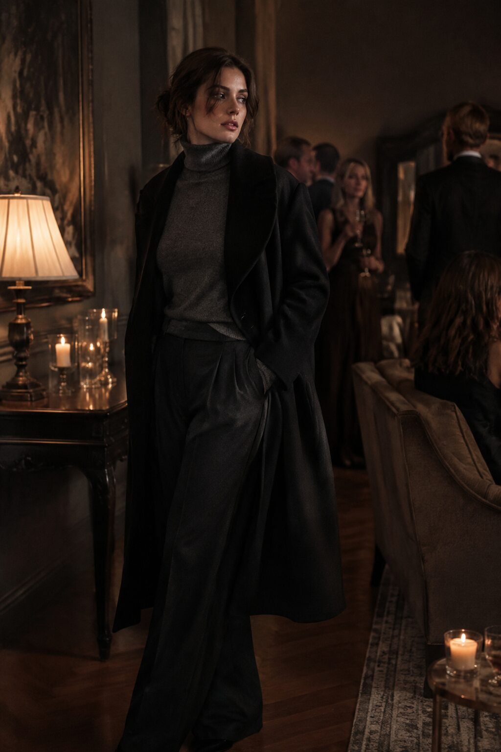 gothic glam holiday outfit: charcoal cashmere turtleneck under a black wool coat for a cocktail party