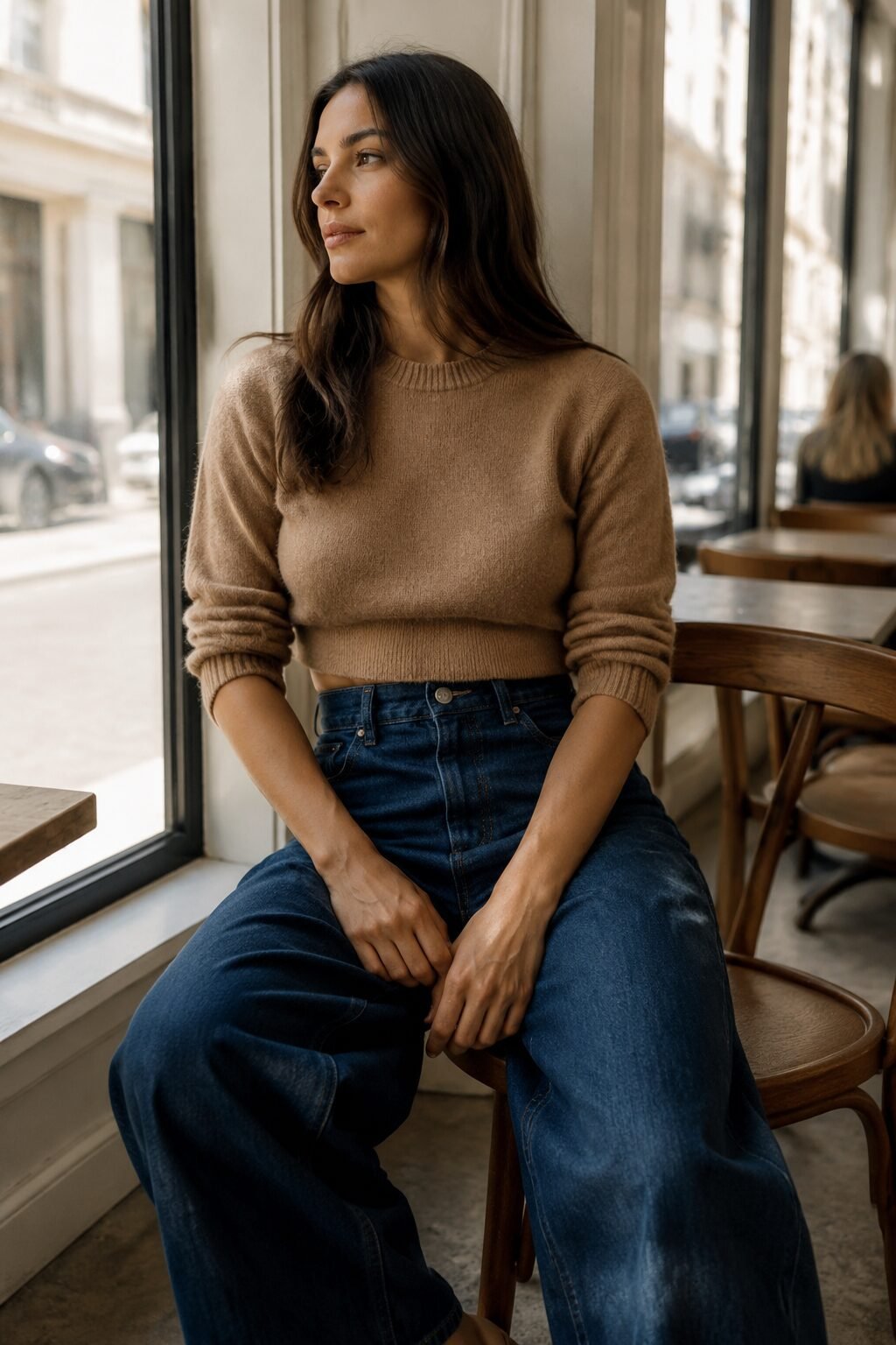 woman in a minimalist 90s outfit wearing a camel cashmere crewneck with high-waist wide-leg denim jeans