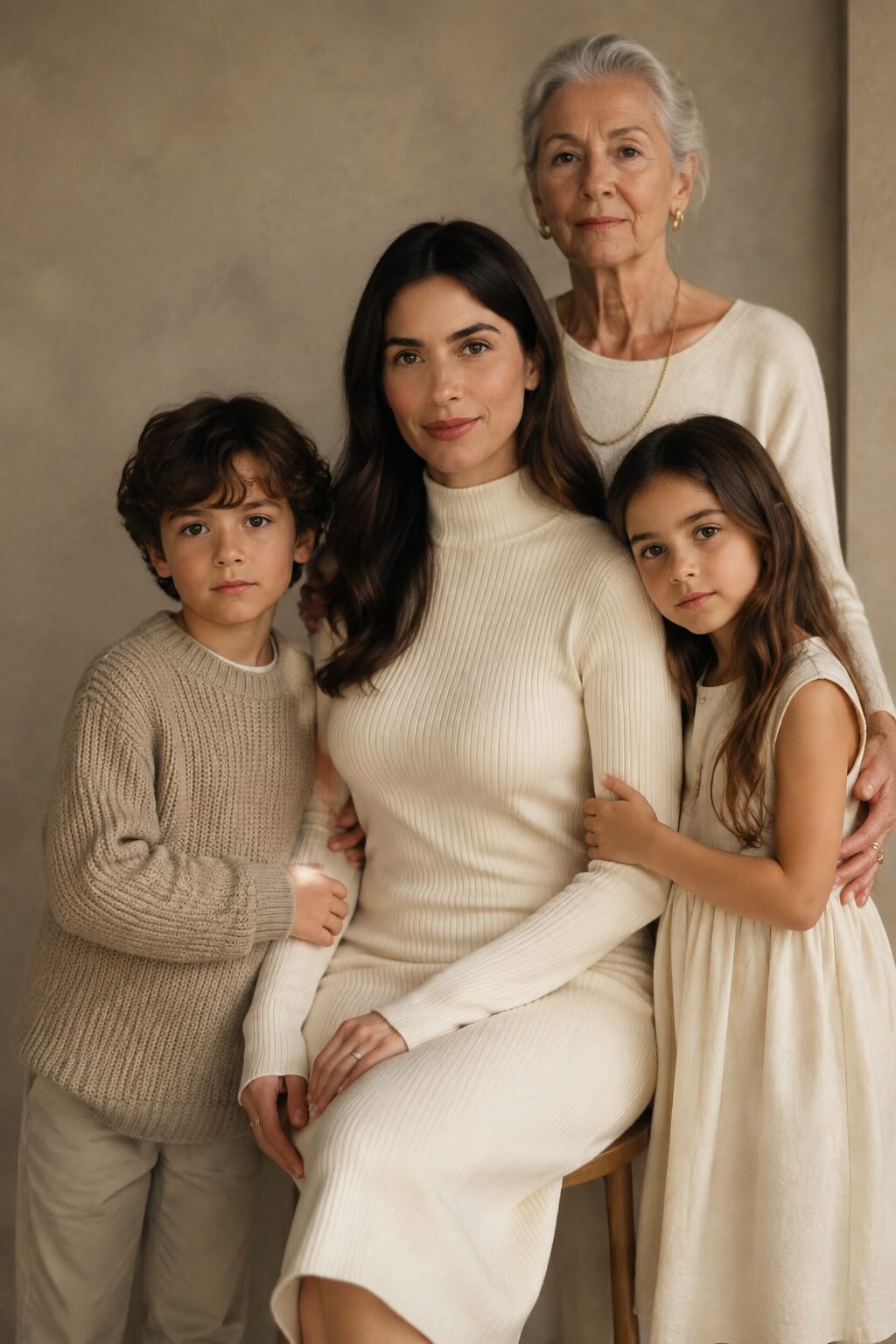 family christmas outfits coordinated by fabric weight: mother in a fine ribbed-knit ivory dress