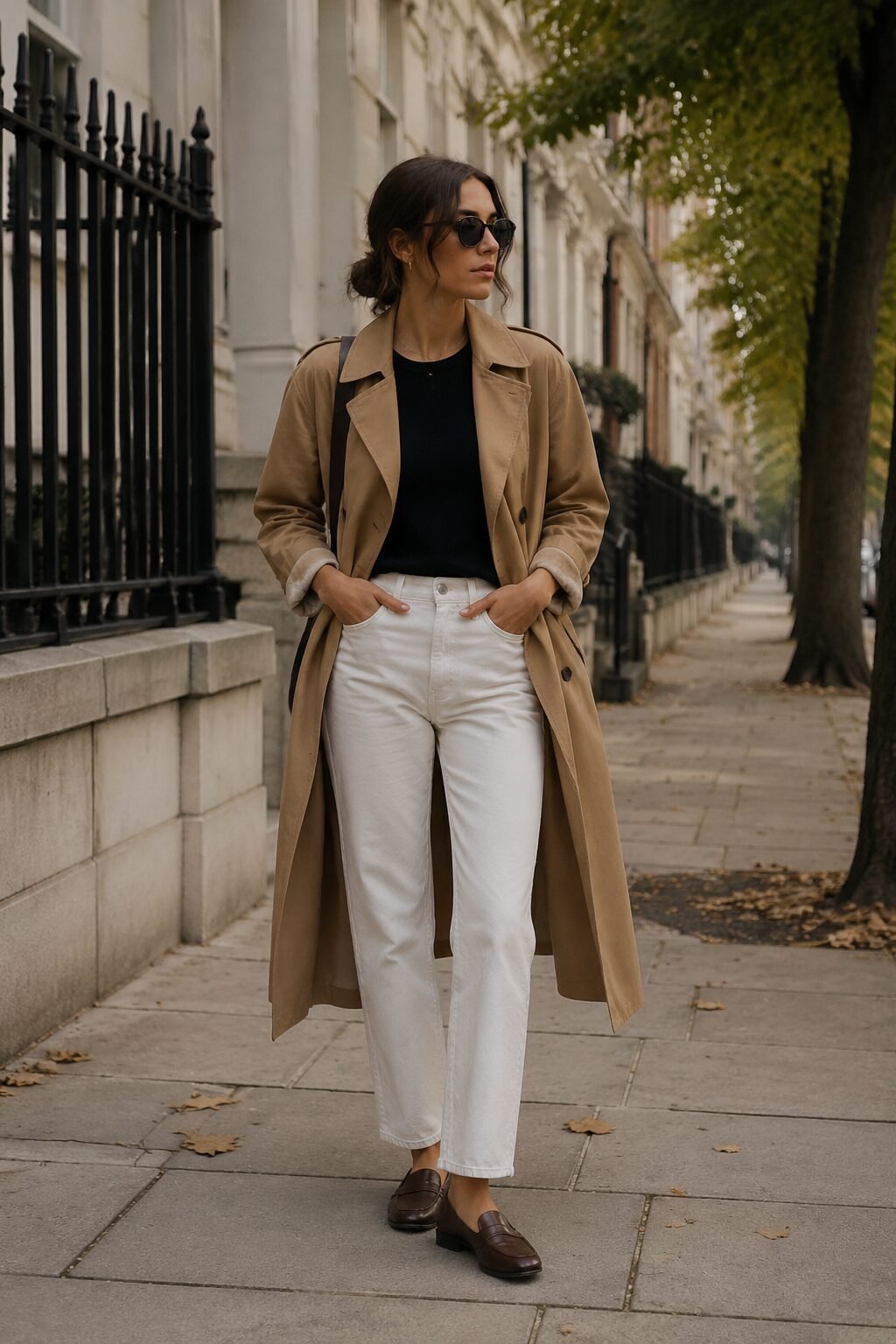 camel trench coat white straight-leg jeans and loafers weekend outfit in the carolyn bessette style