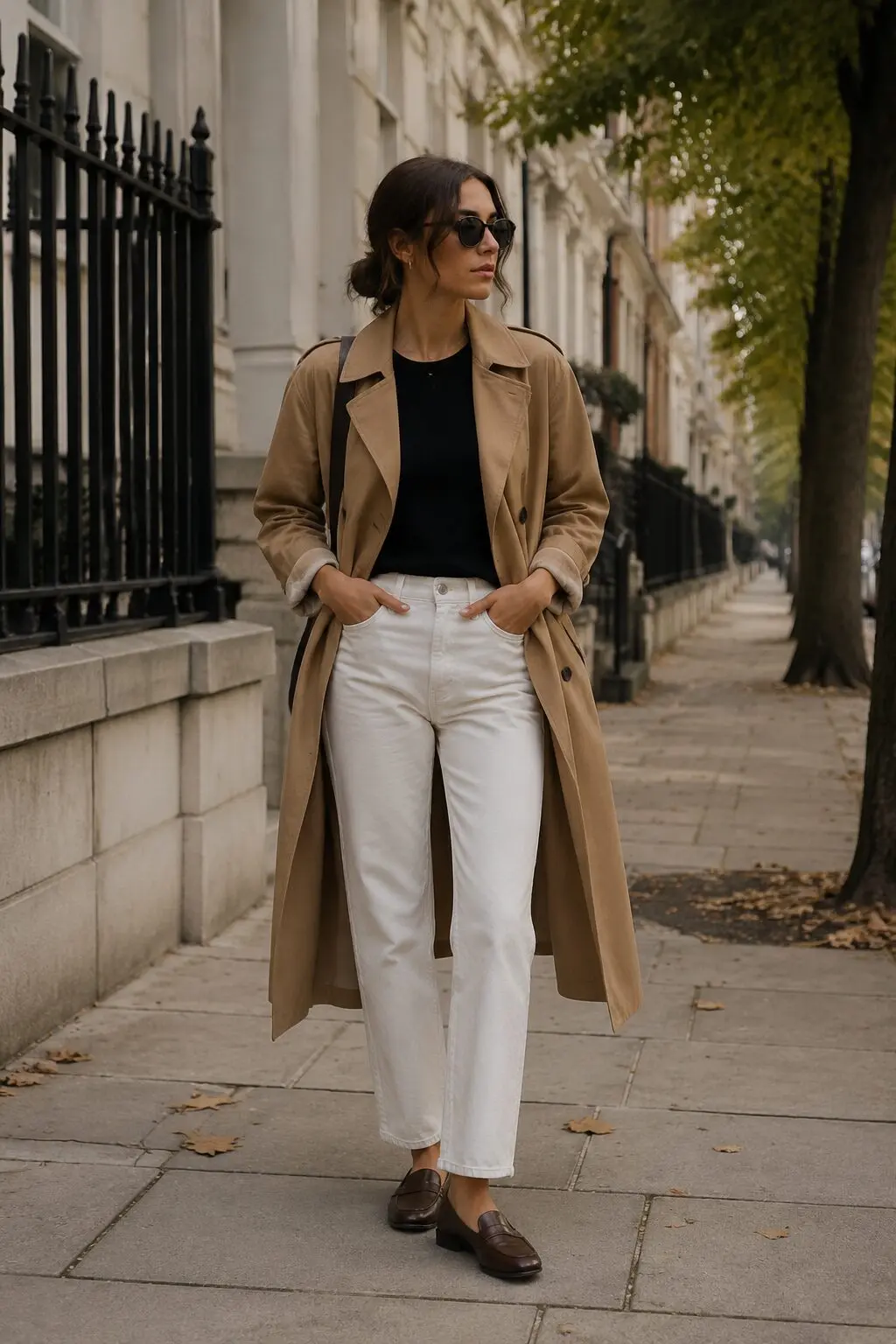 camel trench coat white straight-leg jeans and loafers weekend outfit in the carolyn bessette style