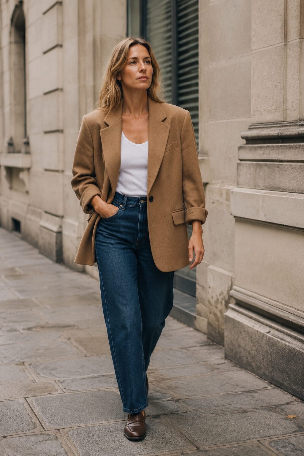 carolyn bessette kennedy style weekend outfit: oversized camel blazer over a white tank and straight-leg jeans