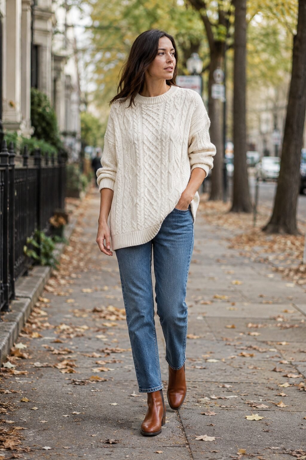 fall capsule outfit formula: oversized ivory chunky knit sweater with straight-leg denim and ankle boots