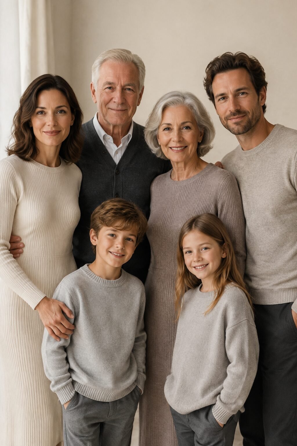 family christmas outfits coordinated by fabric weight: mother in a fine ribbed-knit ivory dress