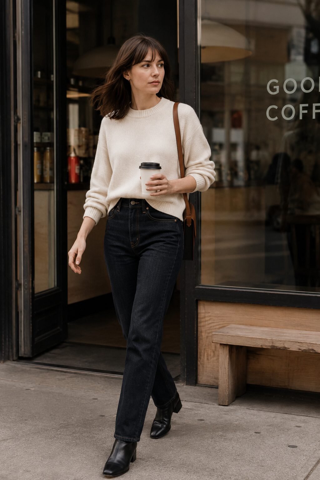 cream cashmere sweater and indigo straight-leg jeans, fall capsule wardrobe outfit with black ankle boots