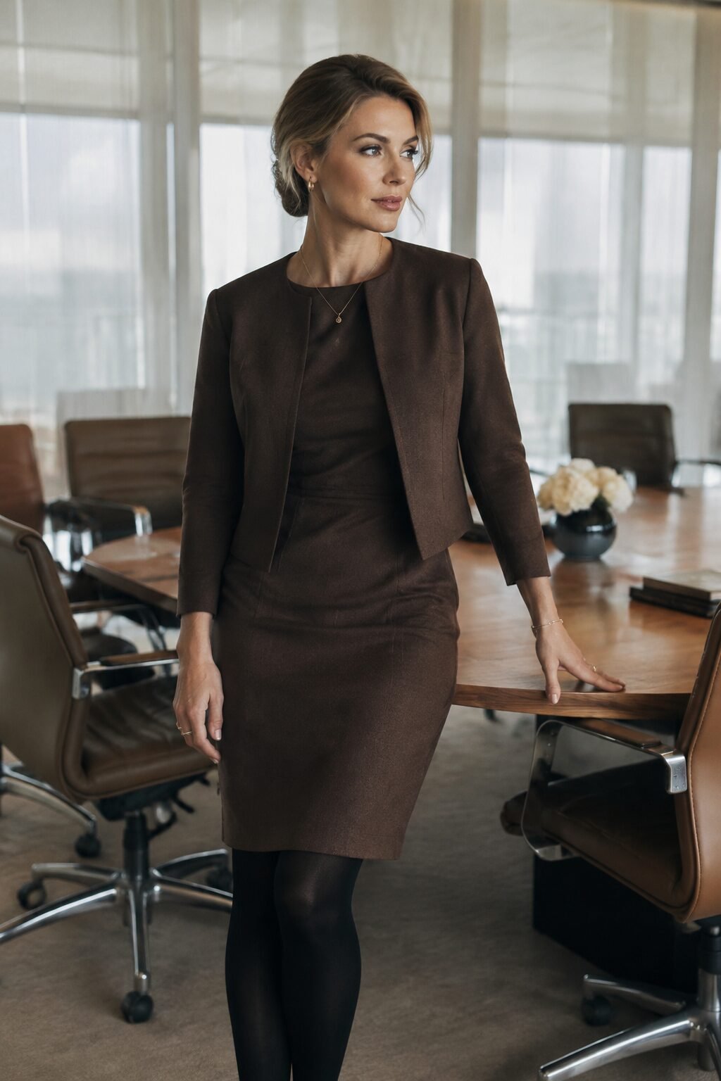 fall capsule wardrobe outfit idea: chocolate brown sheath dress and cropped tailored jacket for a Wednesday client meeting