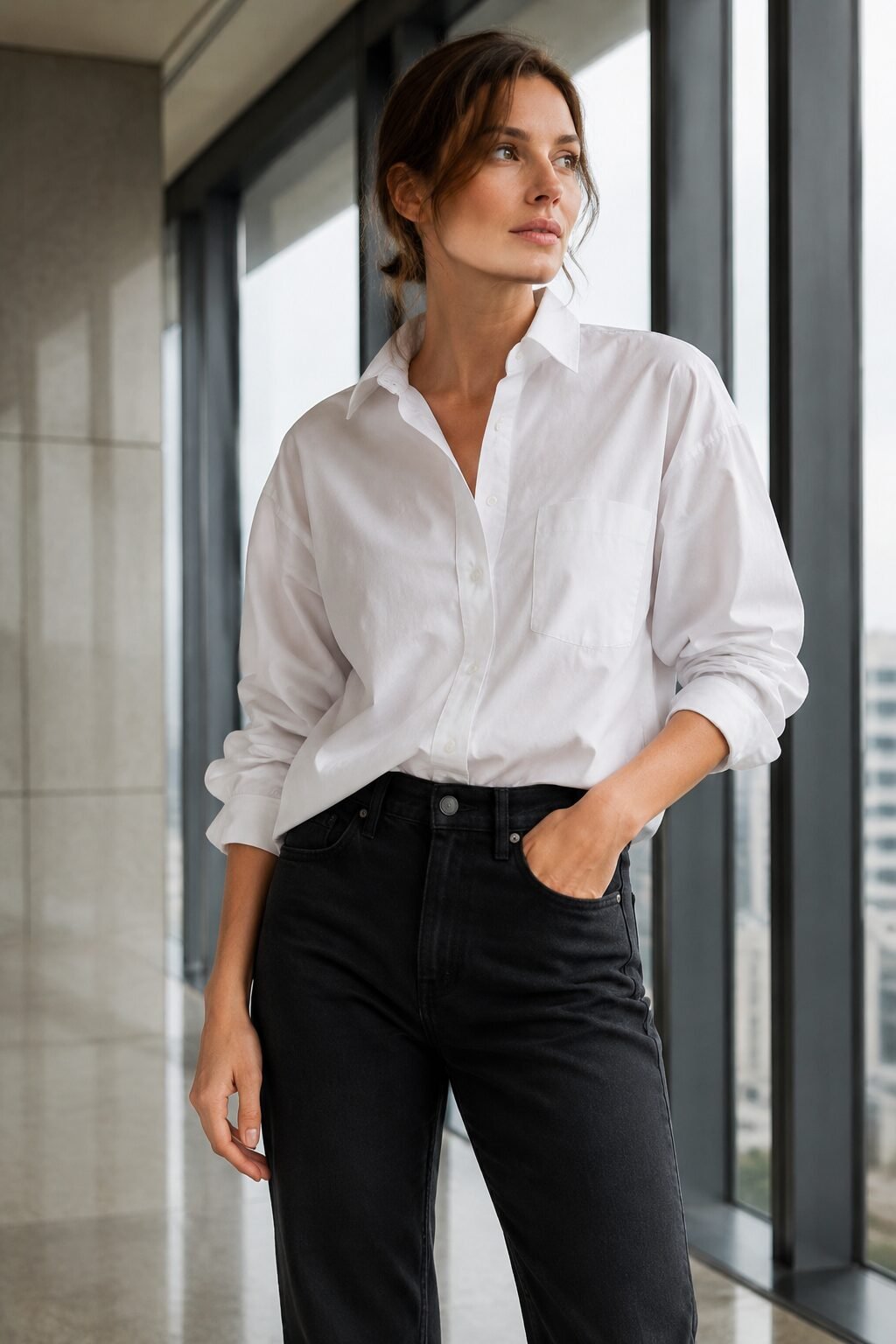 Carolyn Bessette style jeans outfit: black straight-leg denim with an oversized crisp white shirt half-tucked for the office
